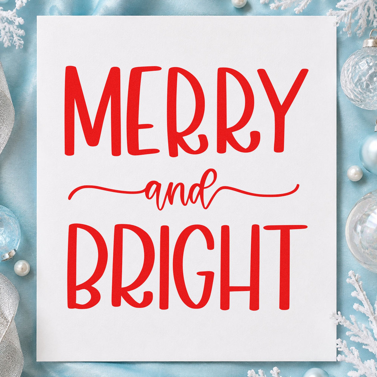 Merry And Bright Simple rubber stamp shown in red ink, stamped for projects such as shelf edge labels.