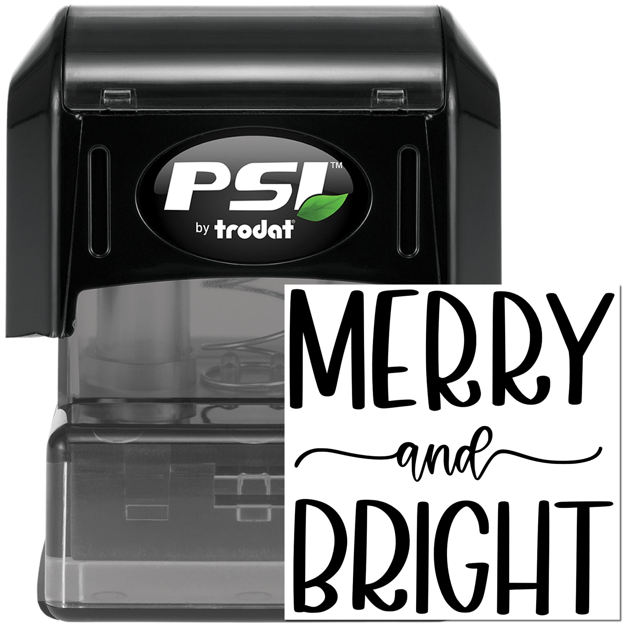 PSI by Trodat self-inking rubber stamp with Merry and Bright holiday message for cards, tags, and festive packaging