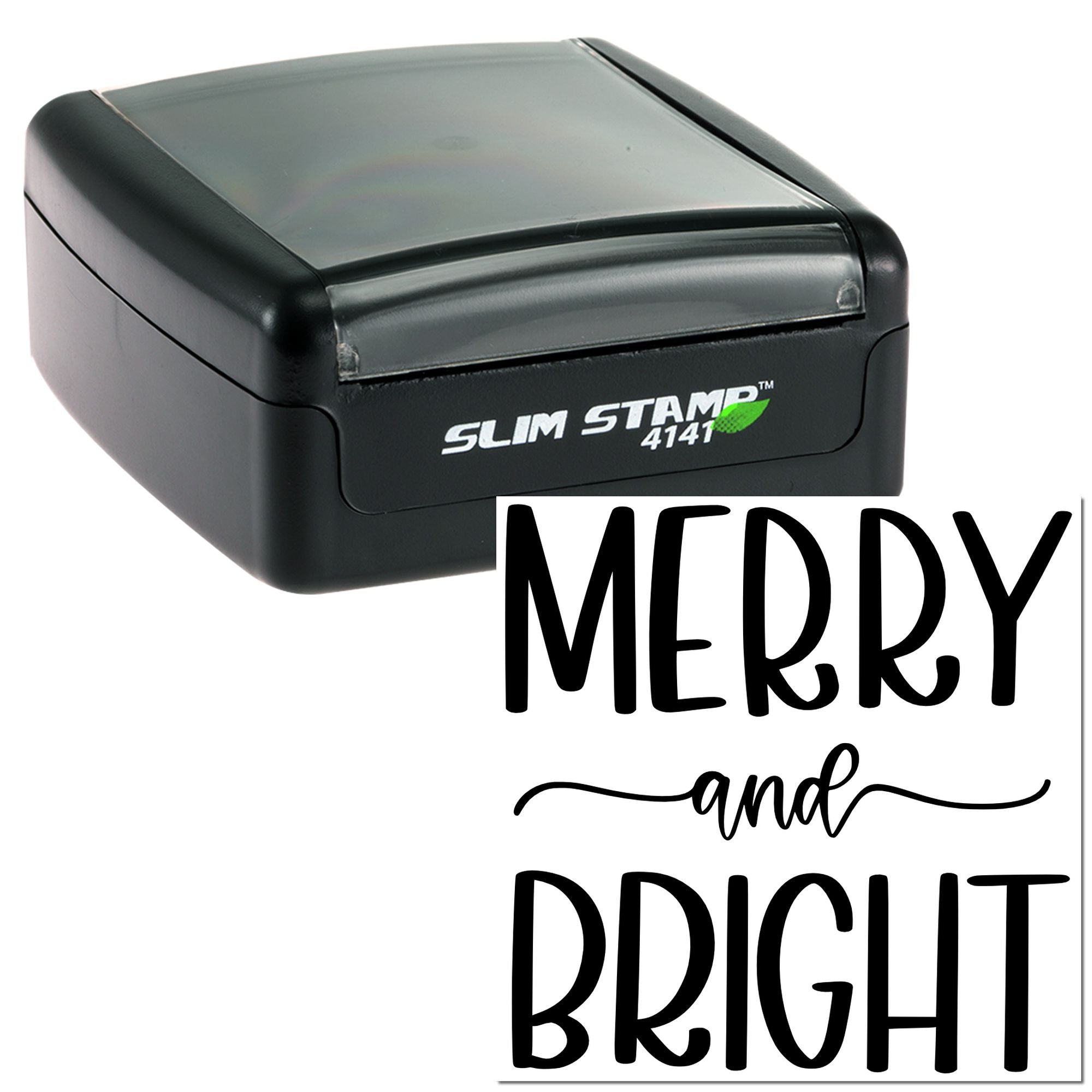 Black self-inking rubber stamp printing Merry and Bright for holiday cards, crafts, and festive packaging.