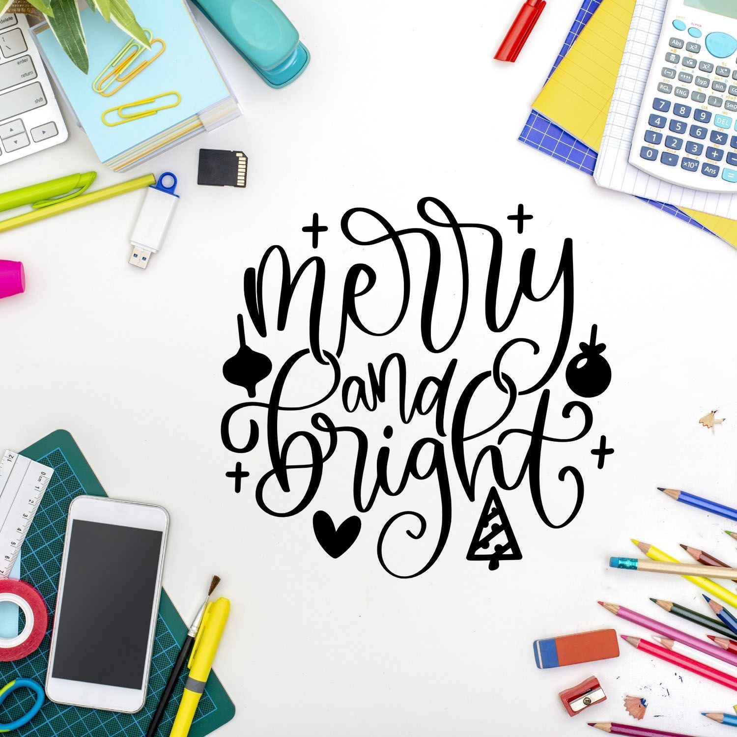Merry and Bright Christmas rubber stamp design for holiday cards, gift tags, and festive paper crafts.