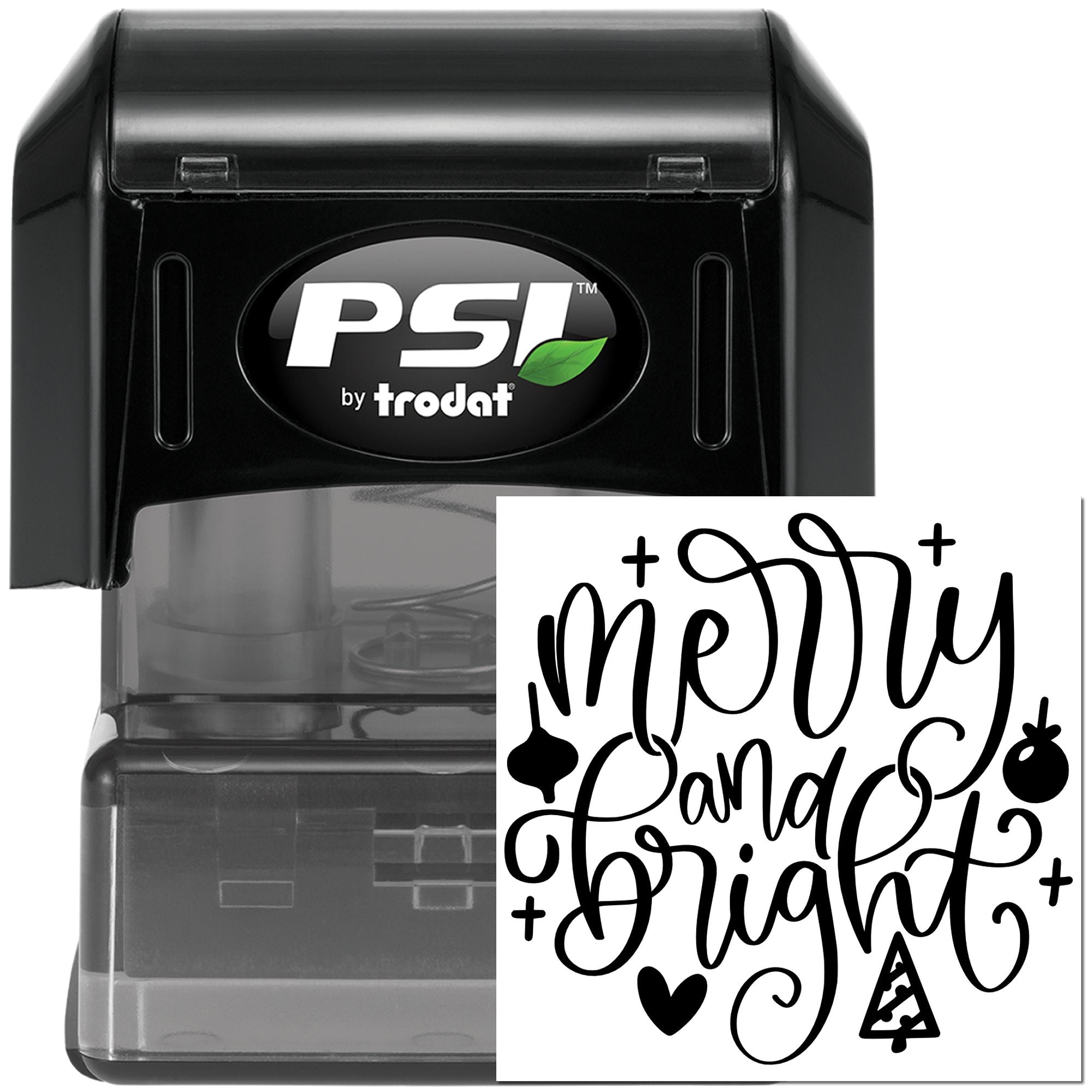 PSI by Trodat self-inking rubber stamp with Merry and Bright holiday design for Christmas cards and festive crafts.