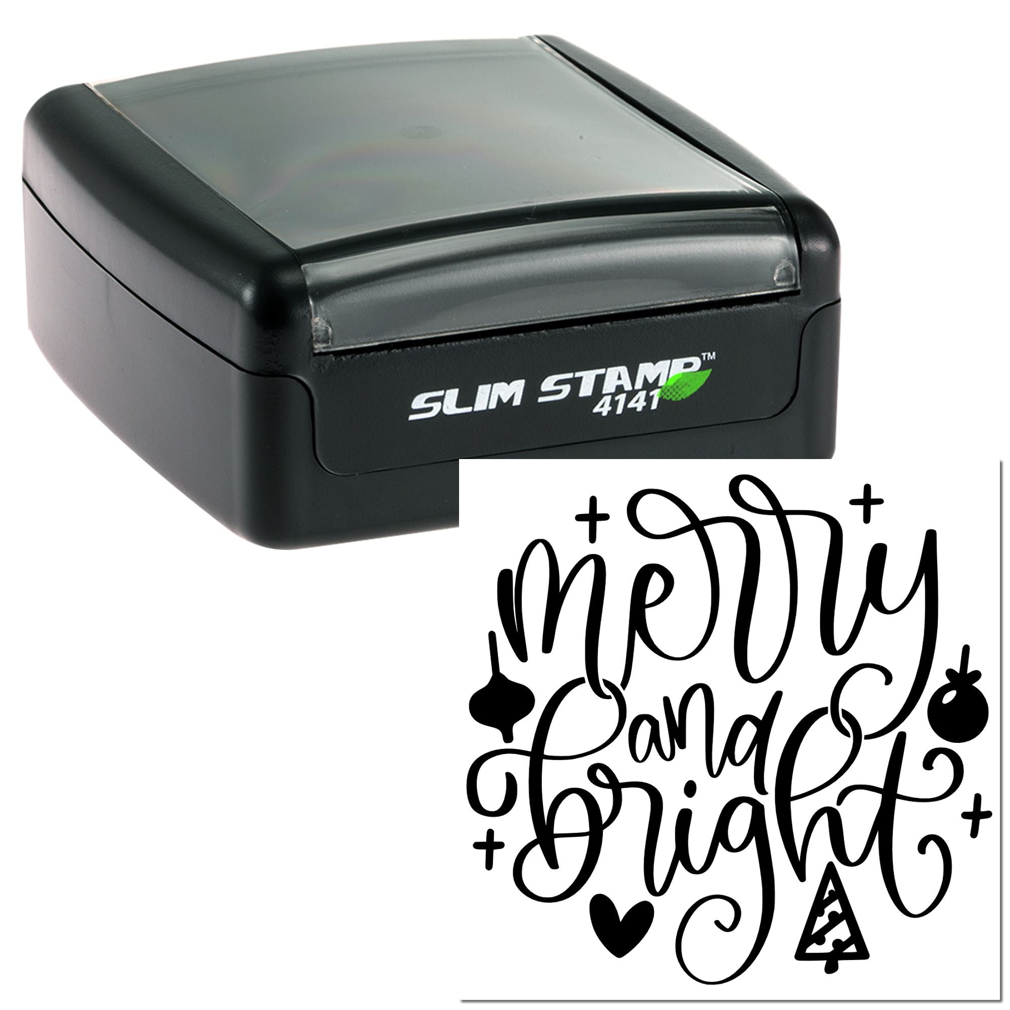 Self-inking rubber stamp with Merry and Bright holiday design for Christmas cards and festive craft projects