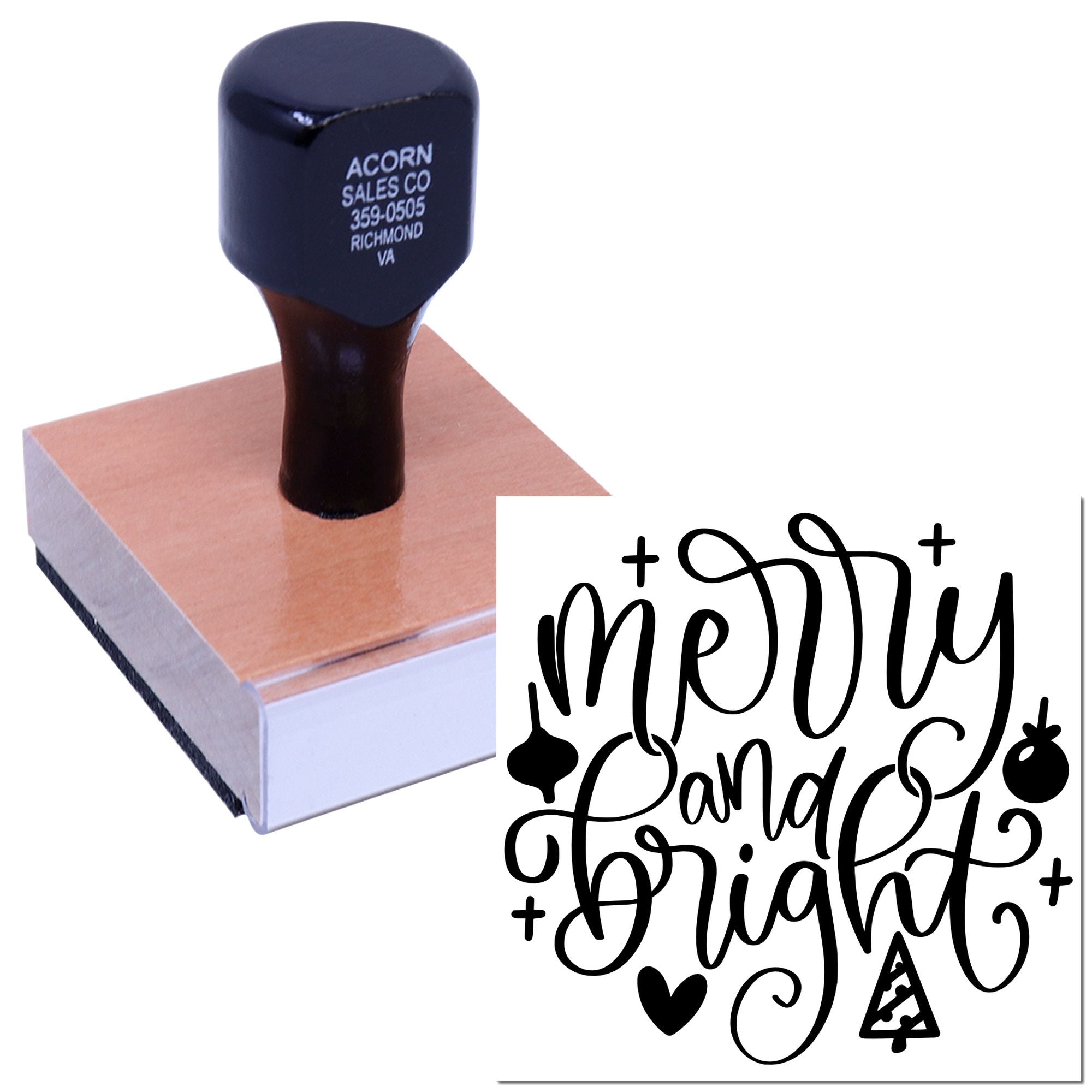 Personalized rubber stamp with Meowy and Bright cat holiday design on a wood-mounted stamp.