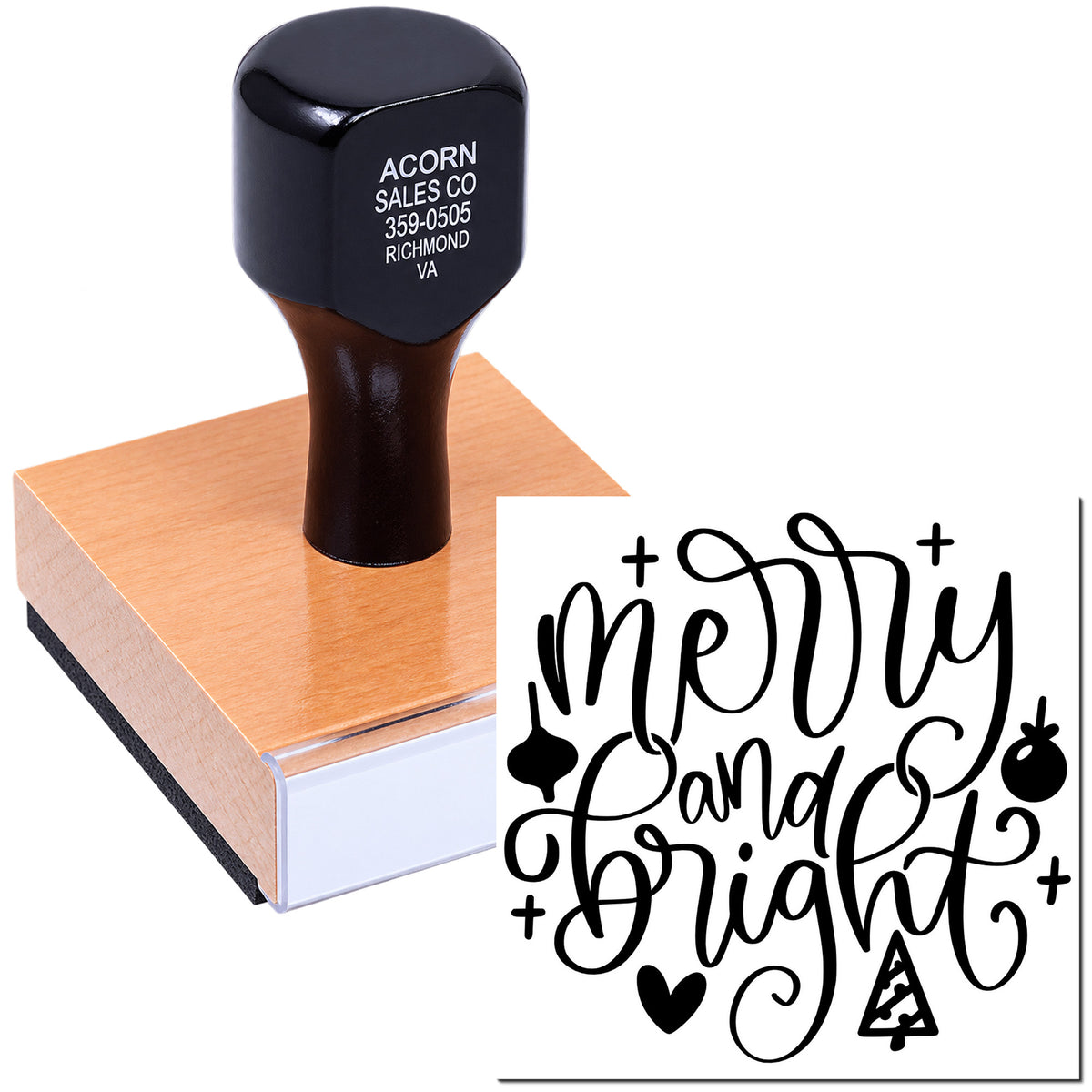 Personalized rubber stamp with Meowy and Bright cat holiday design on a wood-mounted stamp.