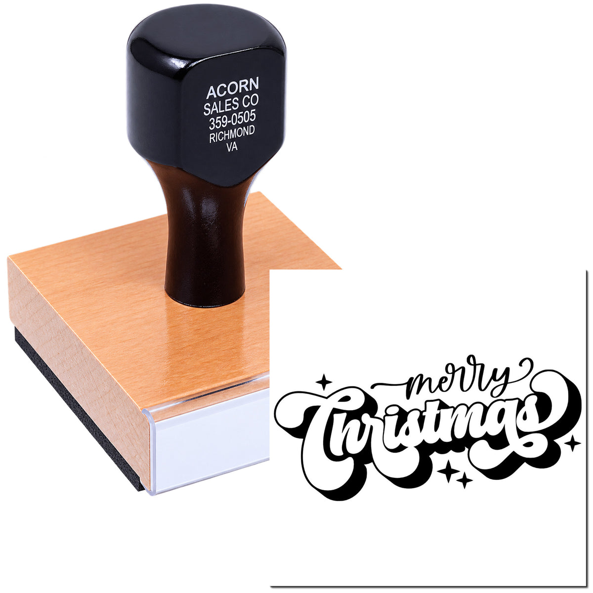 Custom rubber stamp imprinting a Merry Christmas holiday greeting for festive card making and branding