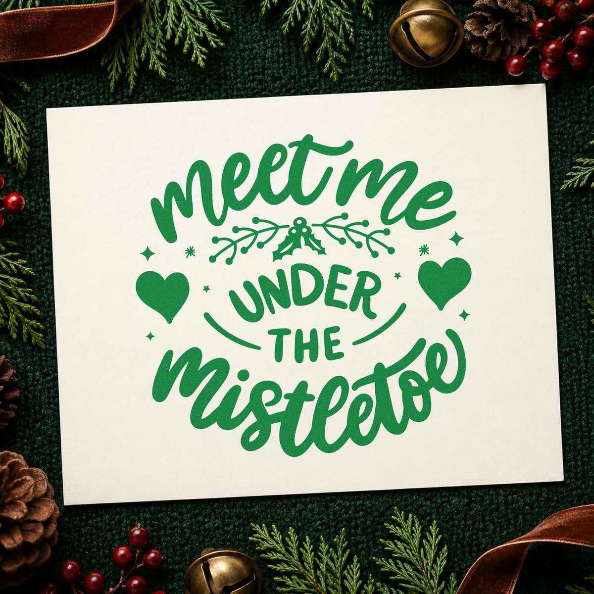 Meet Me Under Mistletoe craft stamp imprint in green ink on a handmade project, one idea being chocolate box tags.