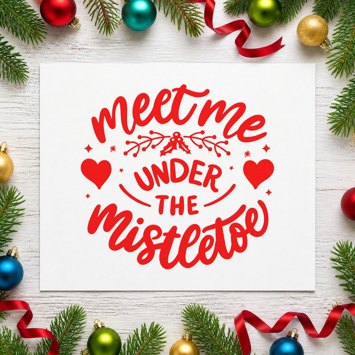 Meet Me Under Mistletoe craft stamp in red ink on cardstock, an easy option for pillow sham printing.