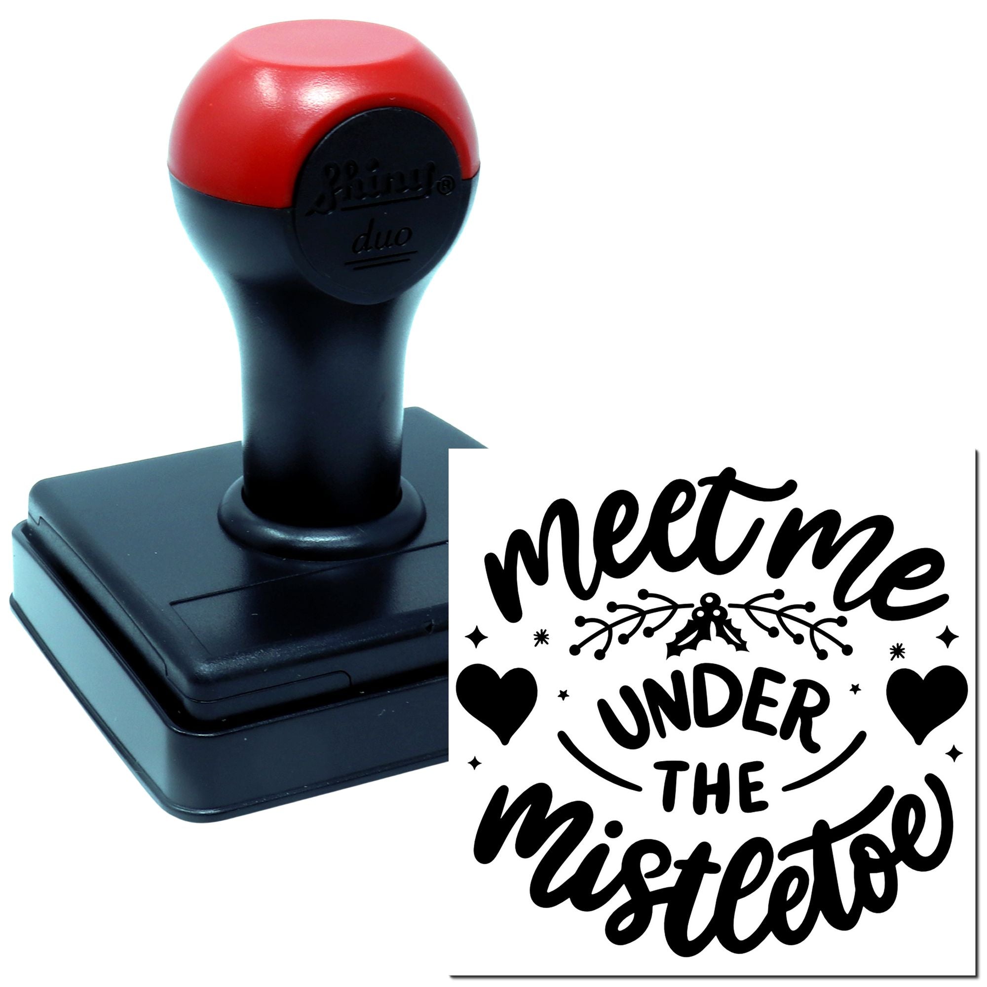Personalized self-inking Christmas rubber stamp for holiday cards: Meet Me Under the Mistletoe design.