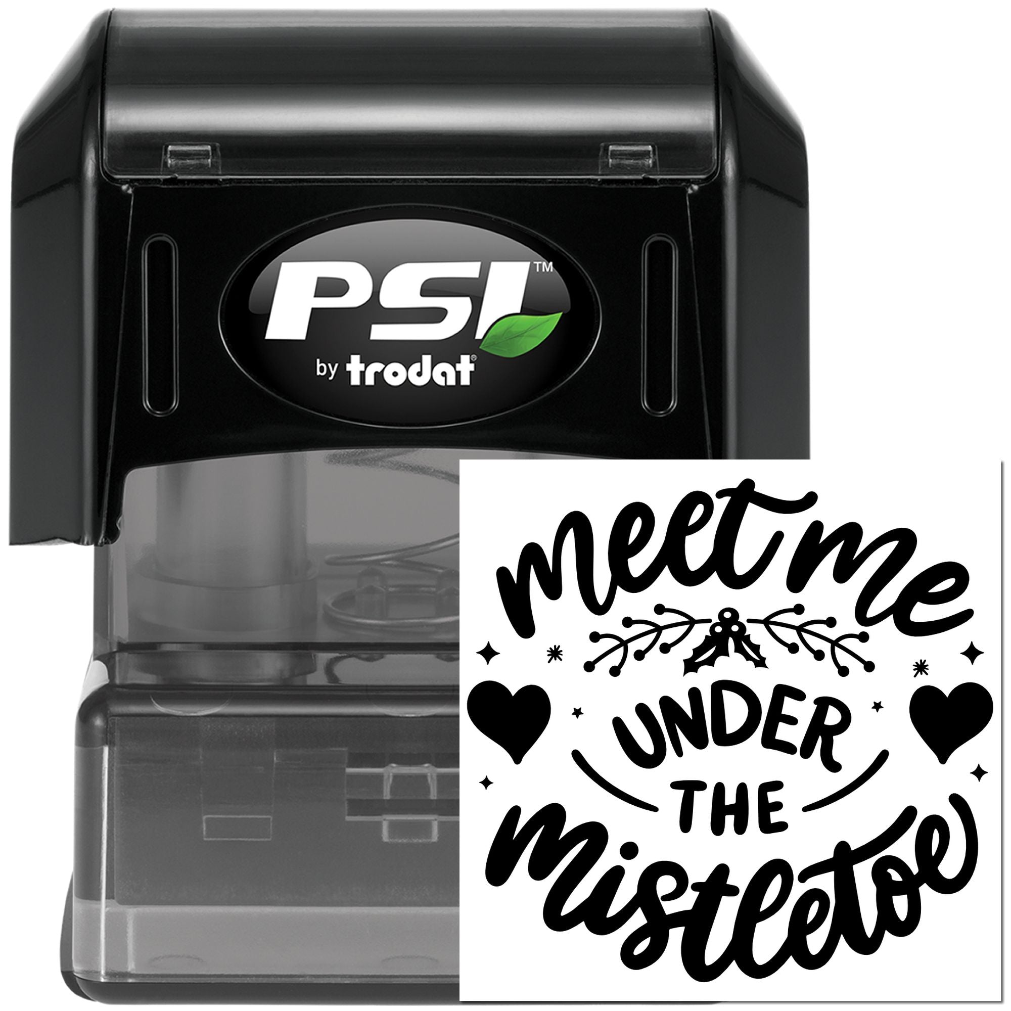 Self-inking PSI by Trodat rubber stamp imprint with Meet Me Under the Mistletoe design for holiday crafts.