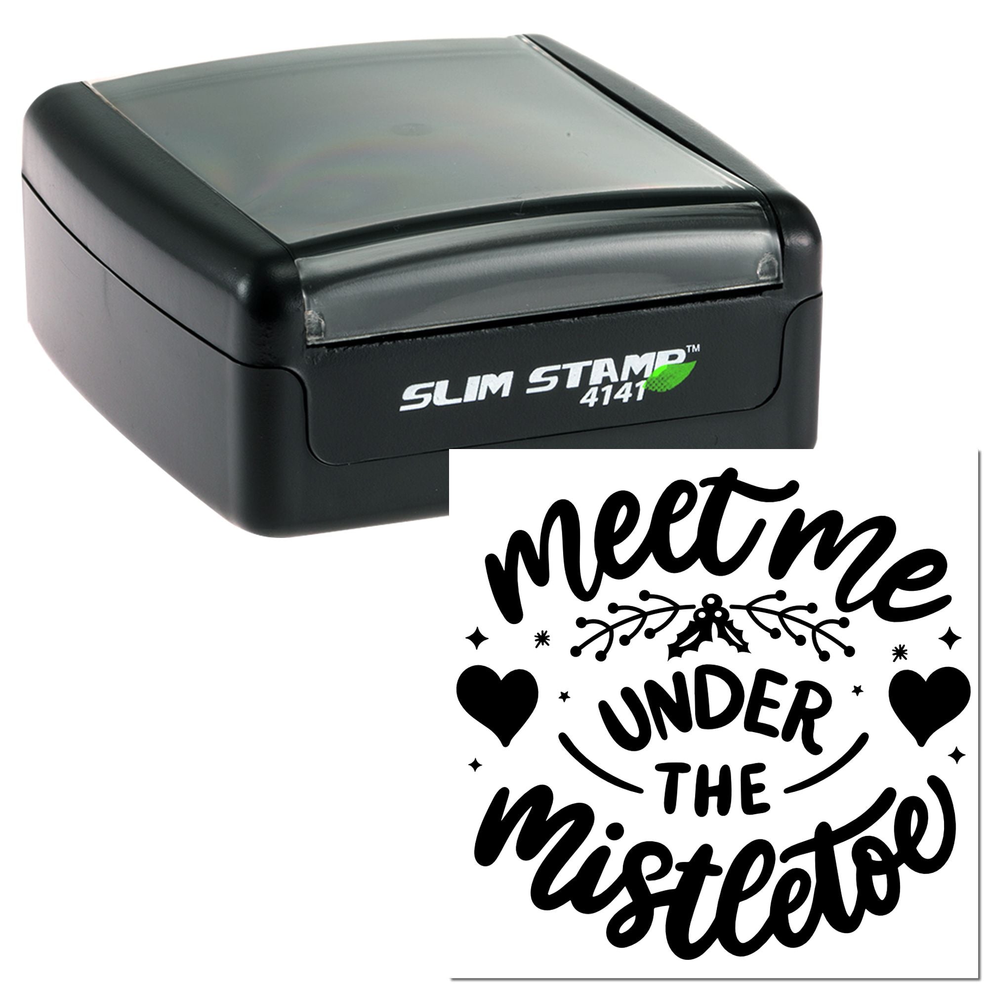 Slim rubber stamp with Meet Me Under the Mistletoe holiday design for Christmas cards, gift wrap, and festive crafts.