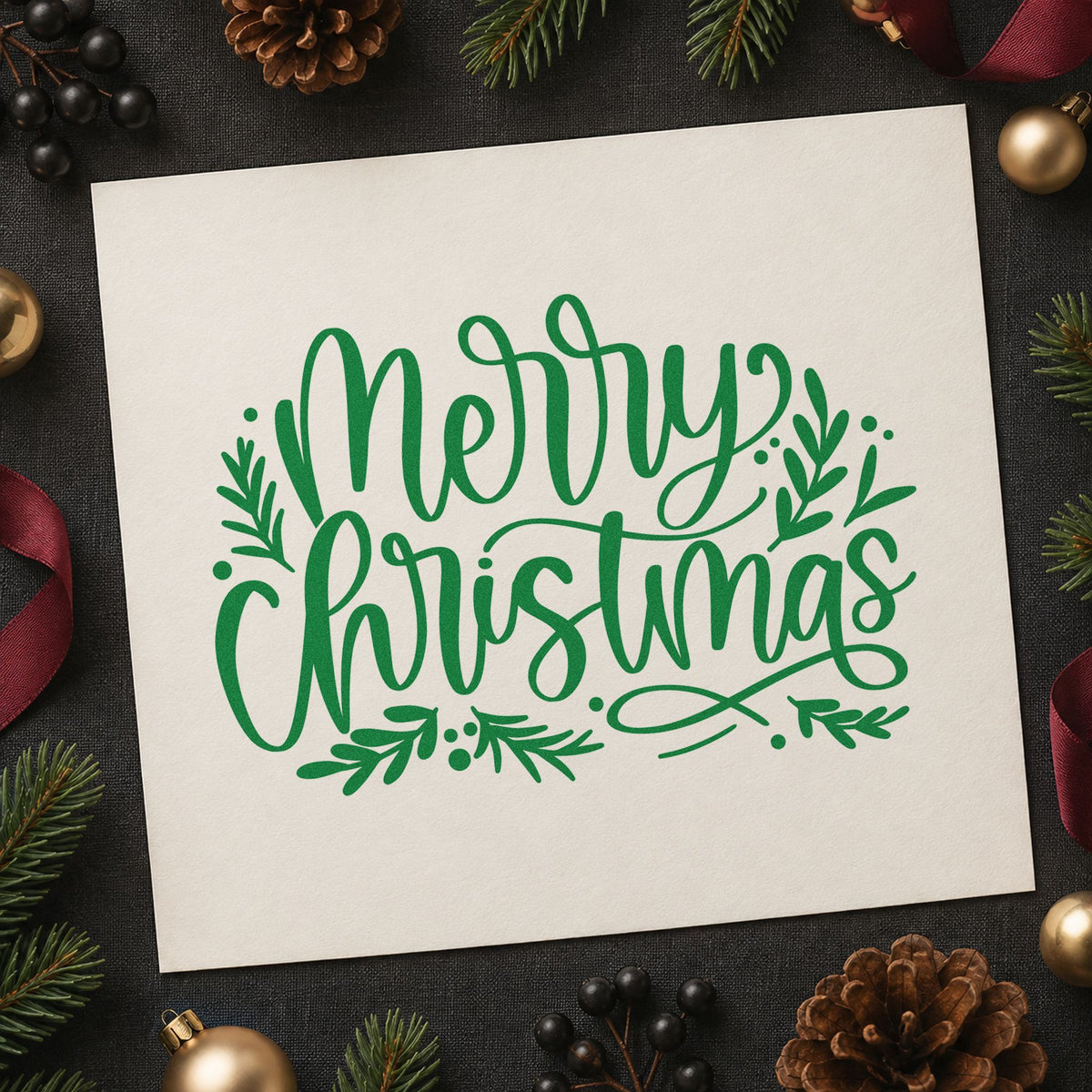 Merry Christmas Leaf Flourishes craft stamp imprint in green ink on a handmade project, one idea being plant gift tags.