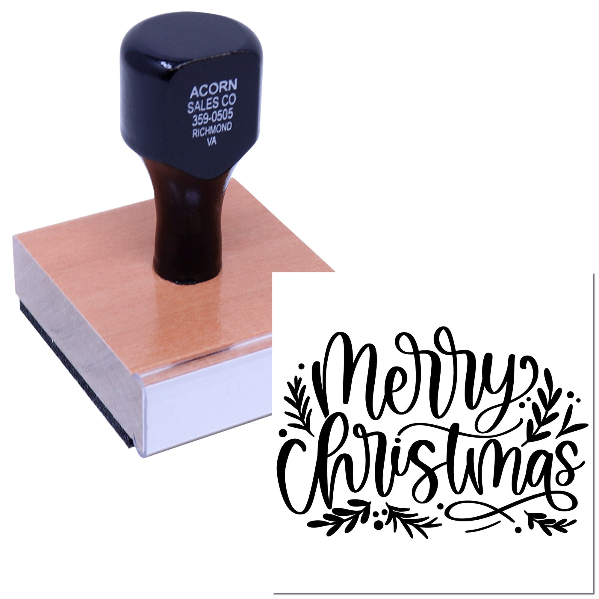 Custom rubber stamp printing Merry Christmas holiday greeting for cards, crafts, and seasonal branding.