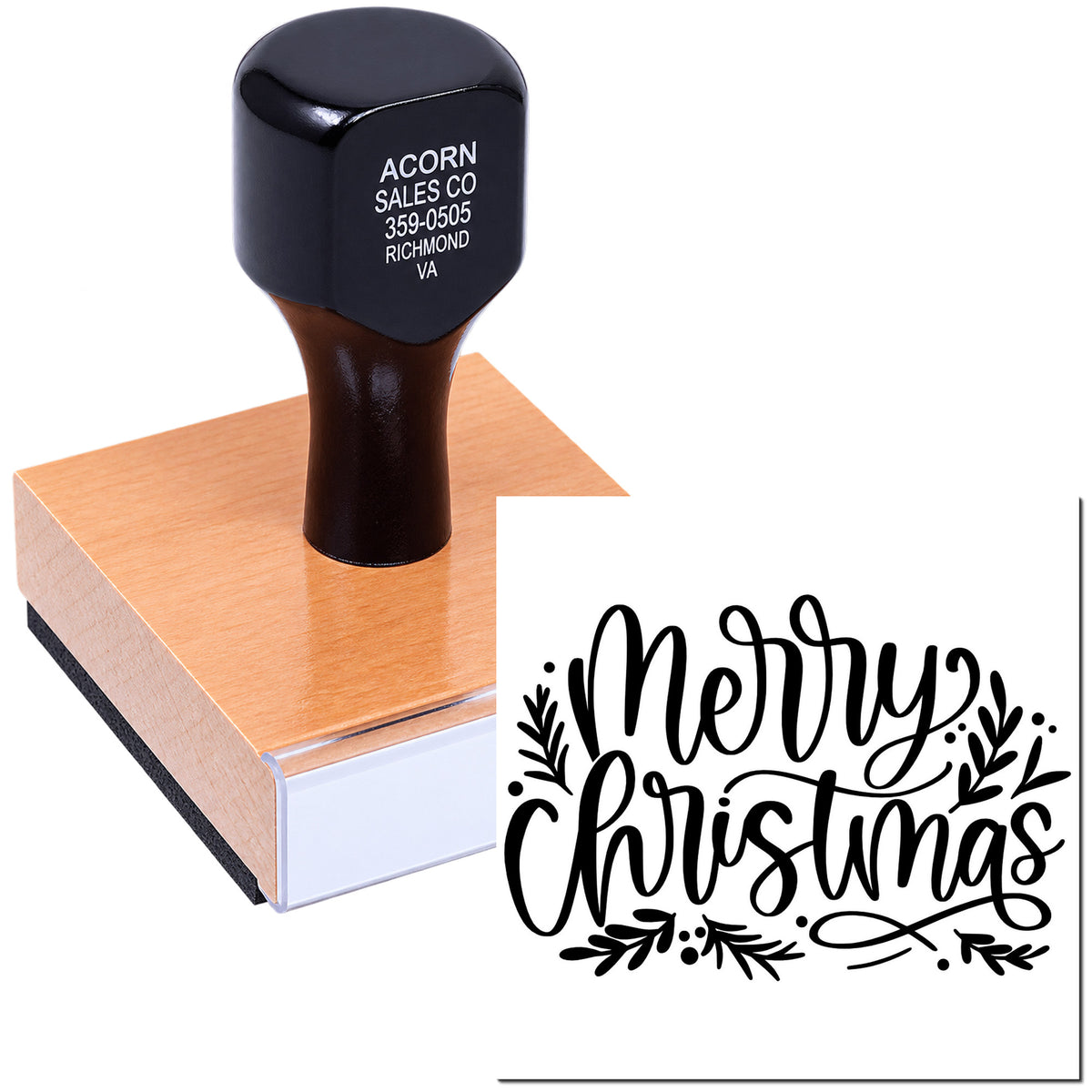 Custom rubber stamp printing Merry Christmas holiday greeting for cards, crafts, and seasonal branding.
