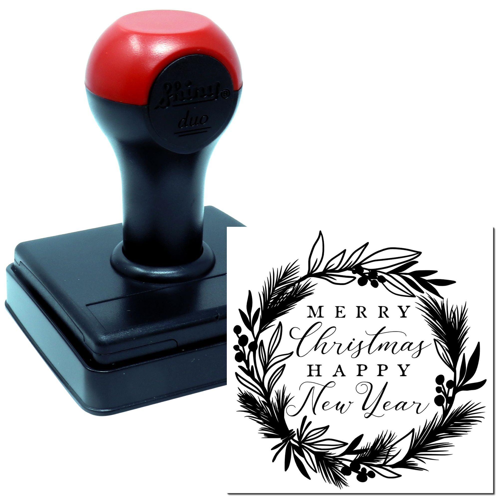 Self-inking rubber stamp for holiday cards featuring Merry Christmas Happy New Year wreath design