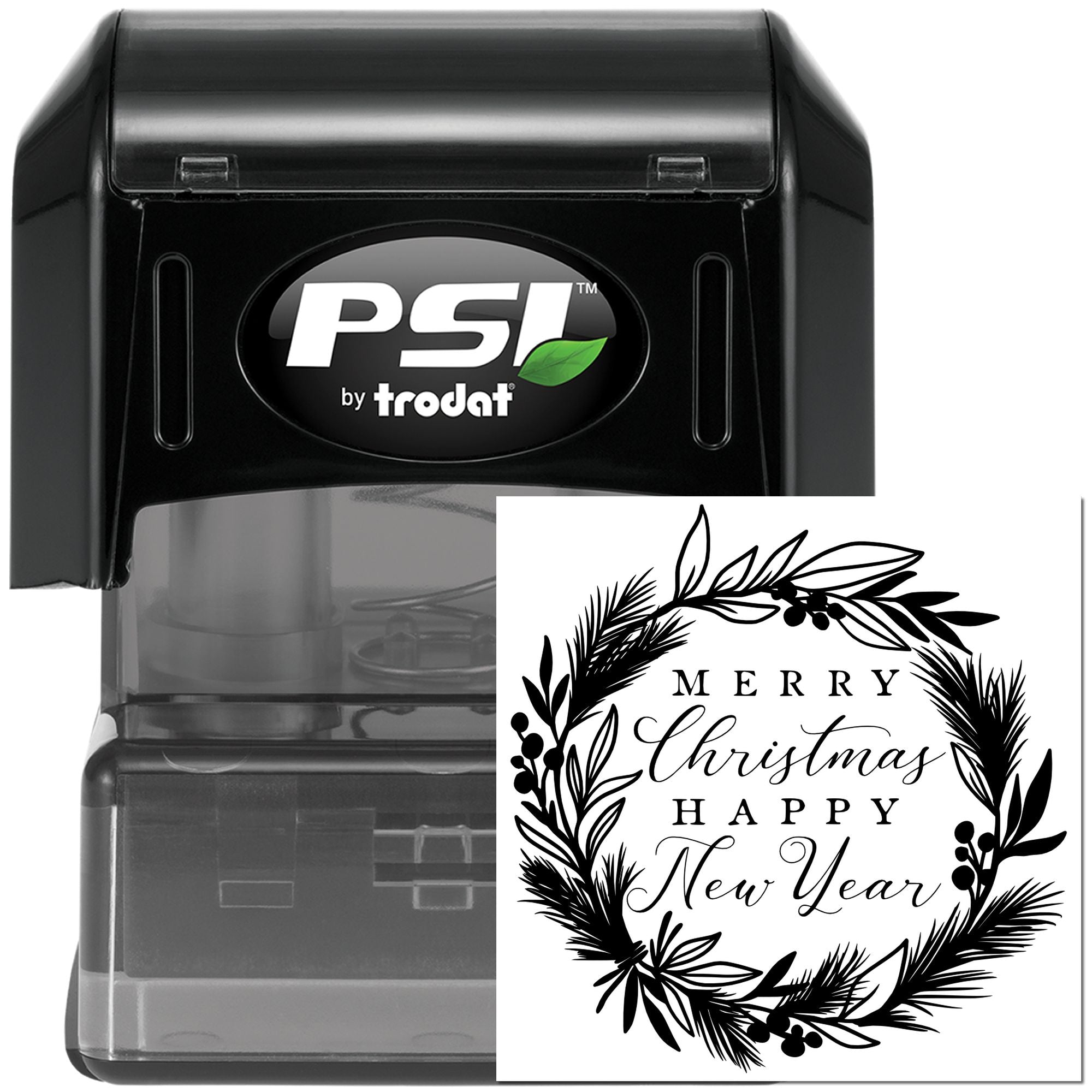 PSI by Trodat self-inking rubber stamp with Merry Christmas Happy New Year wreath design for holiday cards and packaging.