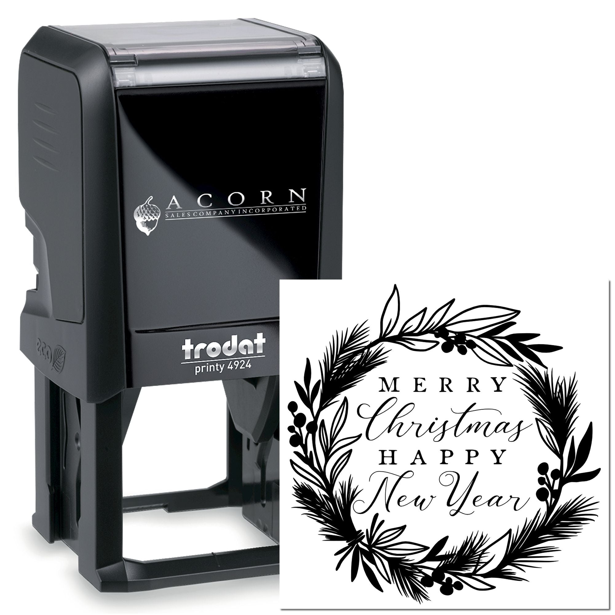 Self-inking rubber stamp with Merry Christmas Happy New Year wreath design for holiday cards and seasonal business branding.