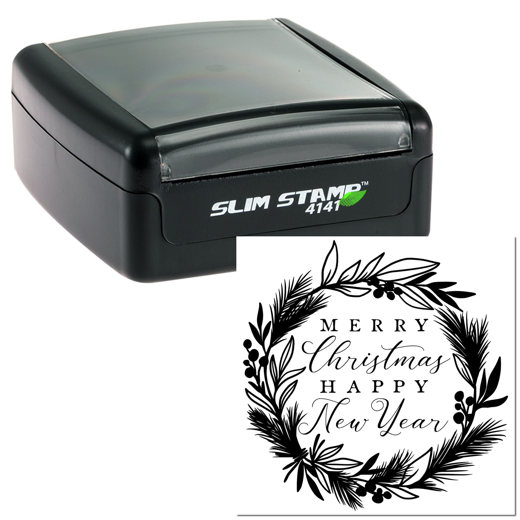 Self-inking rubber stamp with Merry Christmas Happy New Year wreath design for holiday cards, gifts and packaging.