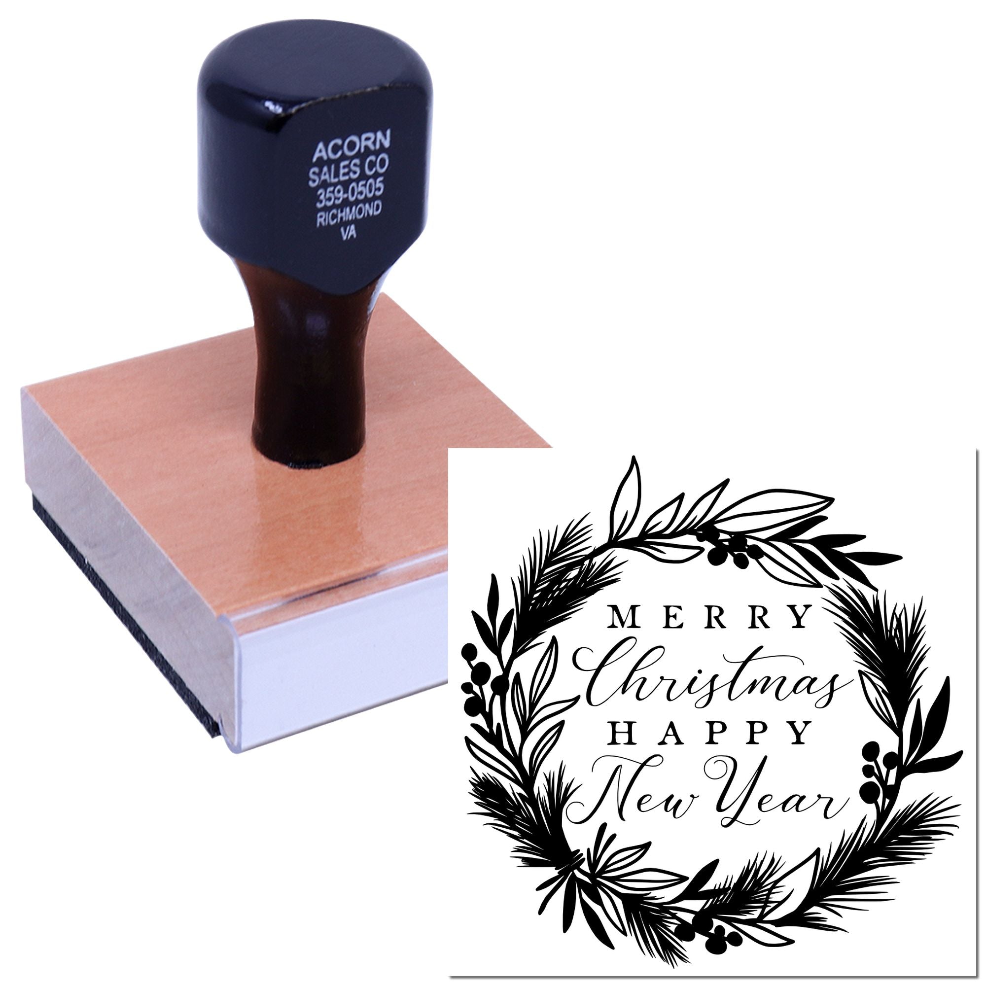 Merry Christmas Happy New Year rubber stamp with wreath design for holiday cards, packaging, and seasonal business branding
