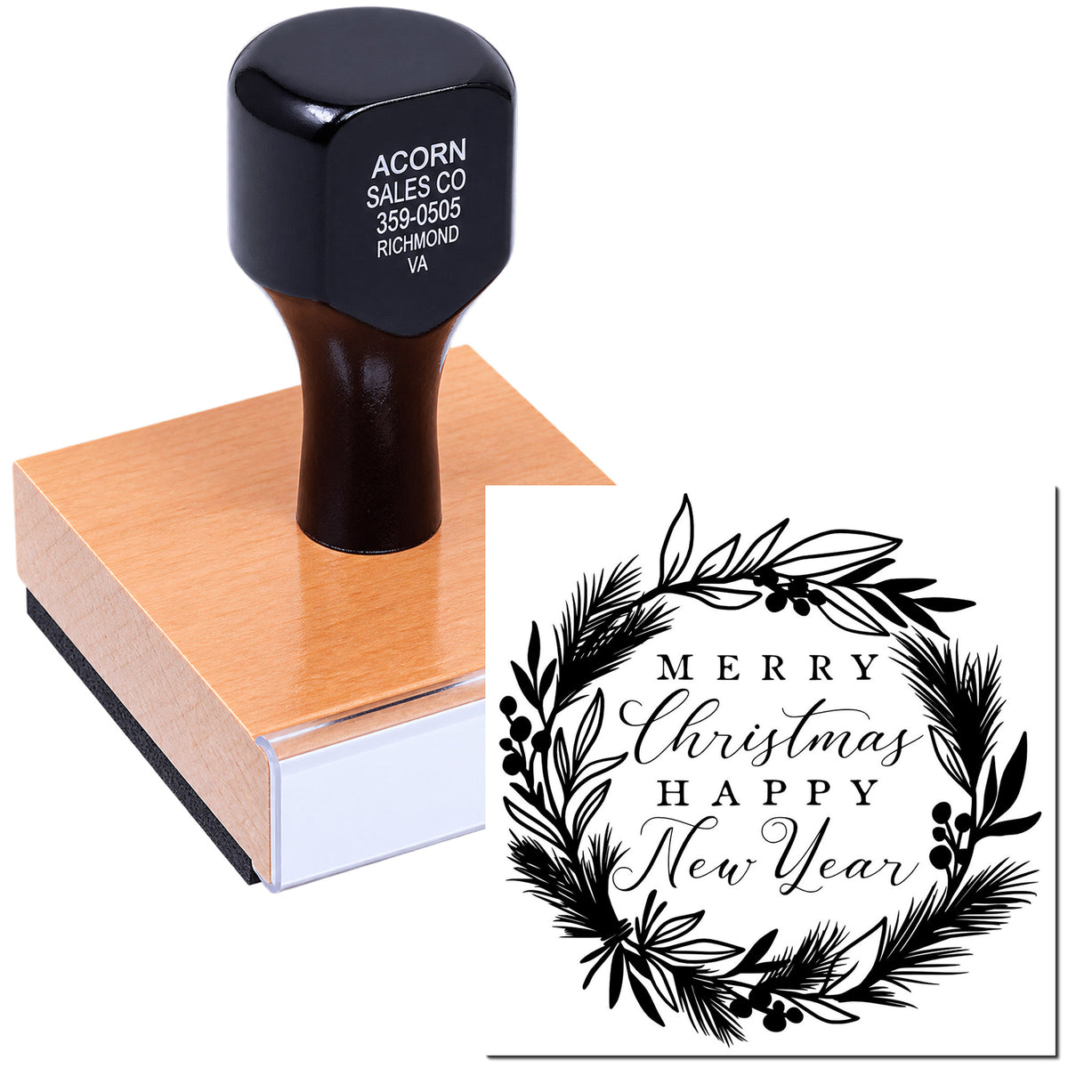 Merry Christmas Happy New Year rubber stamp with wreath design for holiday cards, packaging, and seasonal business branding
