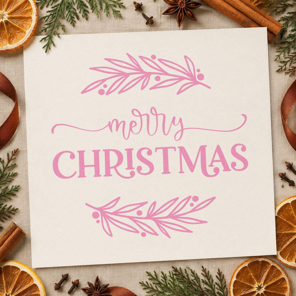 Merry Christmas Between Branches craft stamp in purple ink on cardstock, an easy option for page top bottom rule.