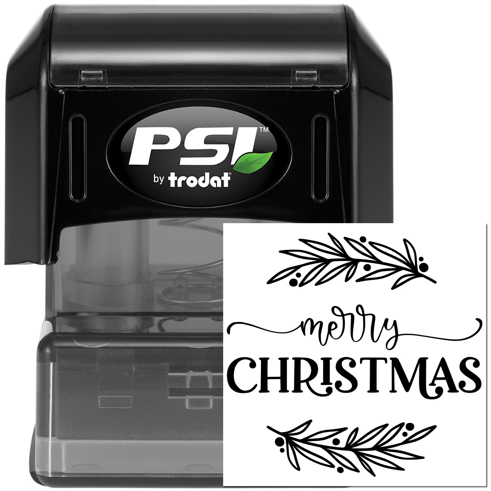 Christmas rubber stamp by PSI by Trodat featuring a Merry Christmas botanical design for holiday cards and crafts.