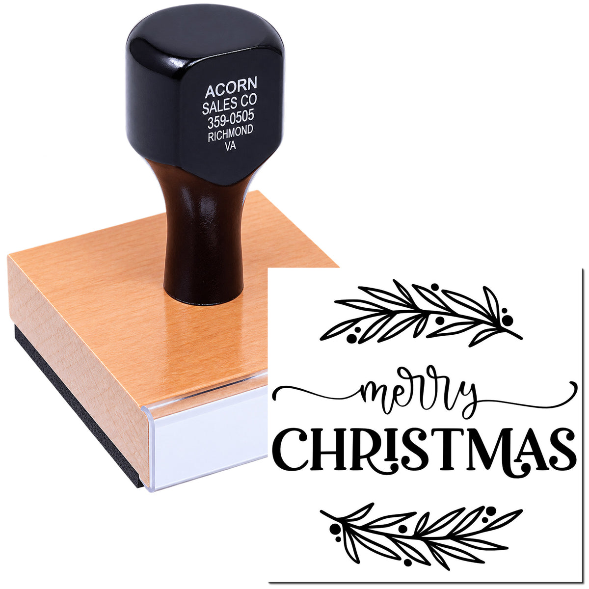 Merry Christmas rubber stamp with holly design for holiday cards, gift wrap, and festive DIY crafts.
