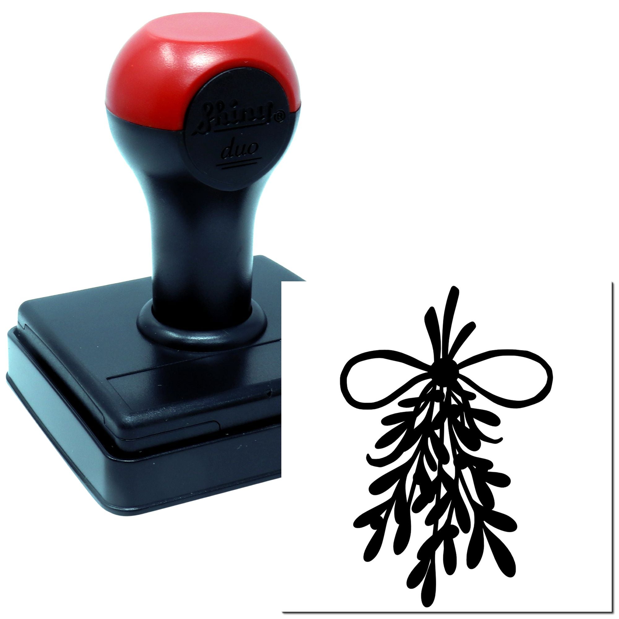 Custom self-inking rubber stamp with decorative bow design and matching impression for crafts, branding, and packaging.