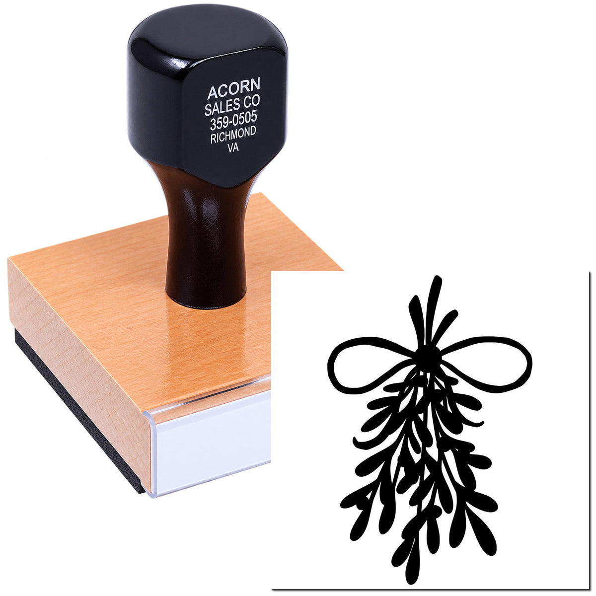 Custom rubber stamp with decorative bow and ribbon design for gift tags, holiday packaging, and branding.