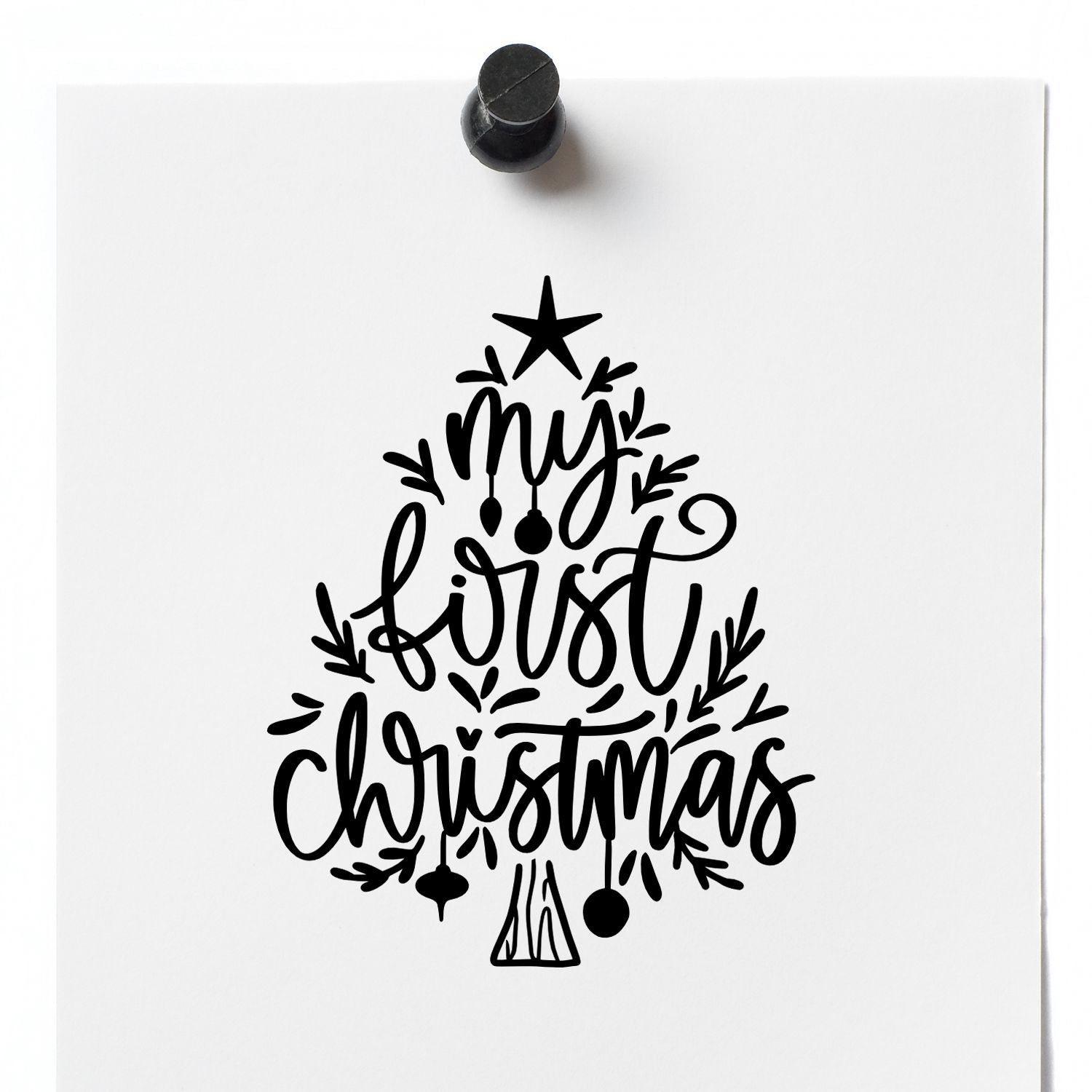 My First Christmas rubber stamp design with festive tree graphic for holiday cards, gifts, and scrapbook crafts.