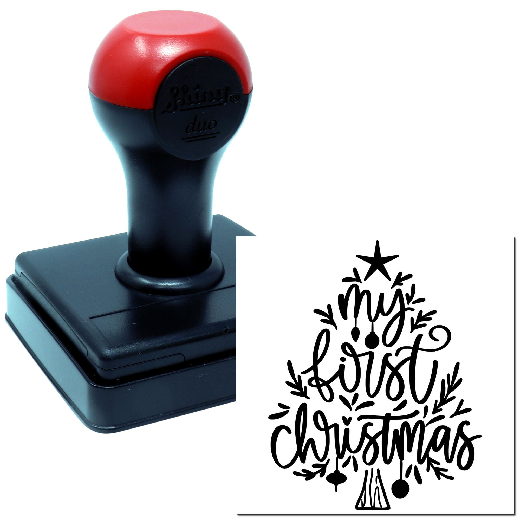 Self-inking Christmas rubber stamp with My First Christmas tree design for holiday cards, crafts, and keepsakes.