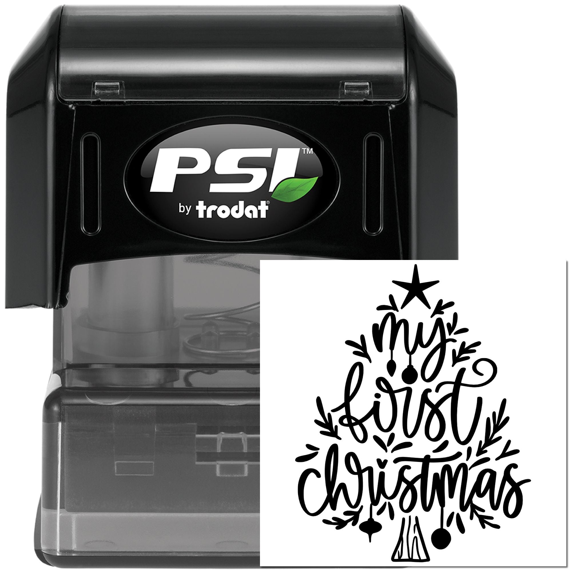 PSI by Trodat self-inking rubber stamp with Merry Christmas design for holiday cards, gift wrap, and festive packaging.