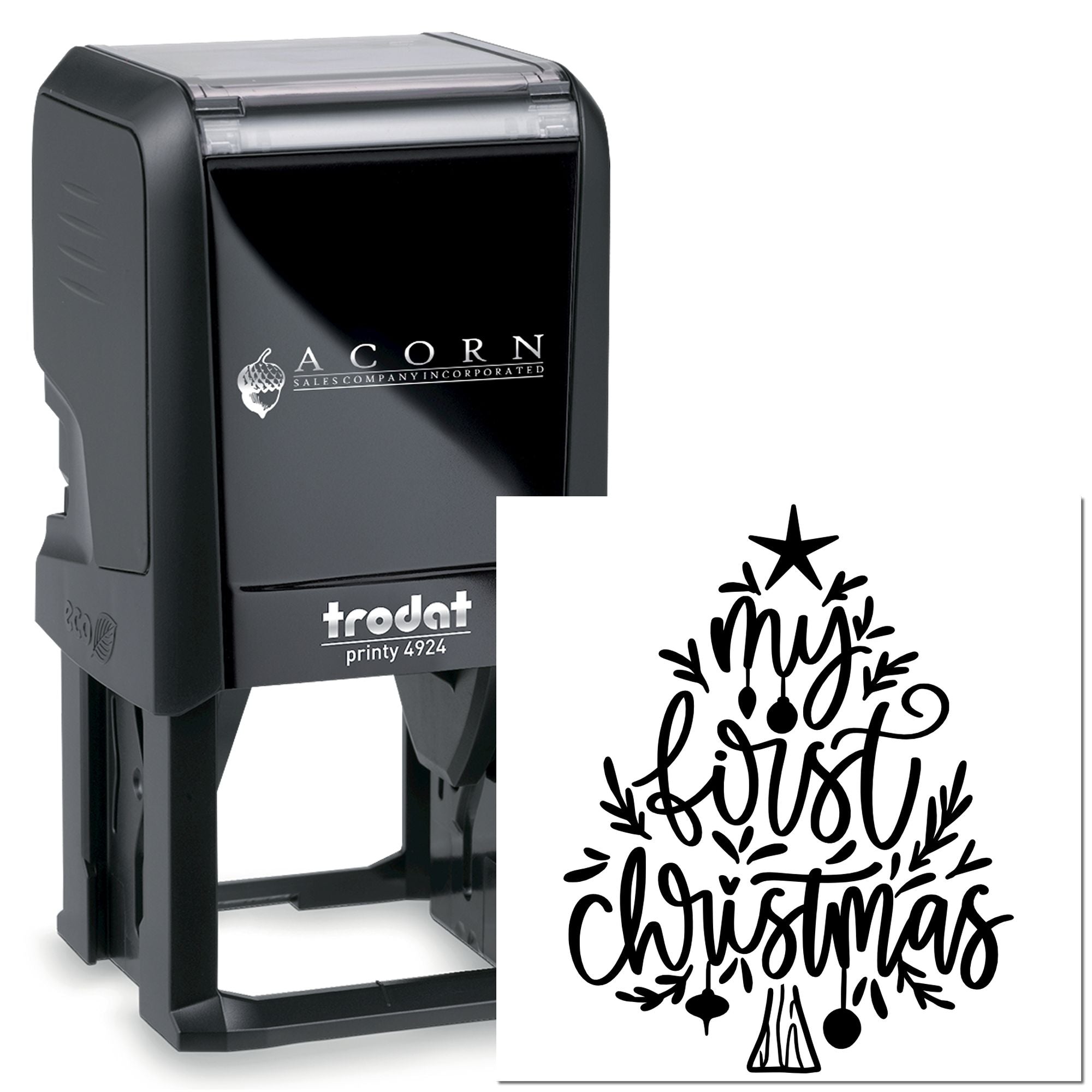 Trodat Printy 4924 self-inking rubber stamp with custom Merry Christmas design for holiday greeting cards and packaging