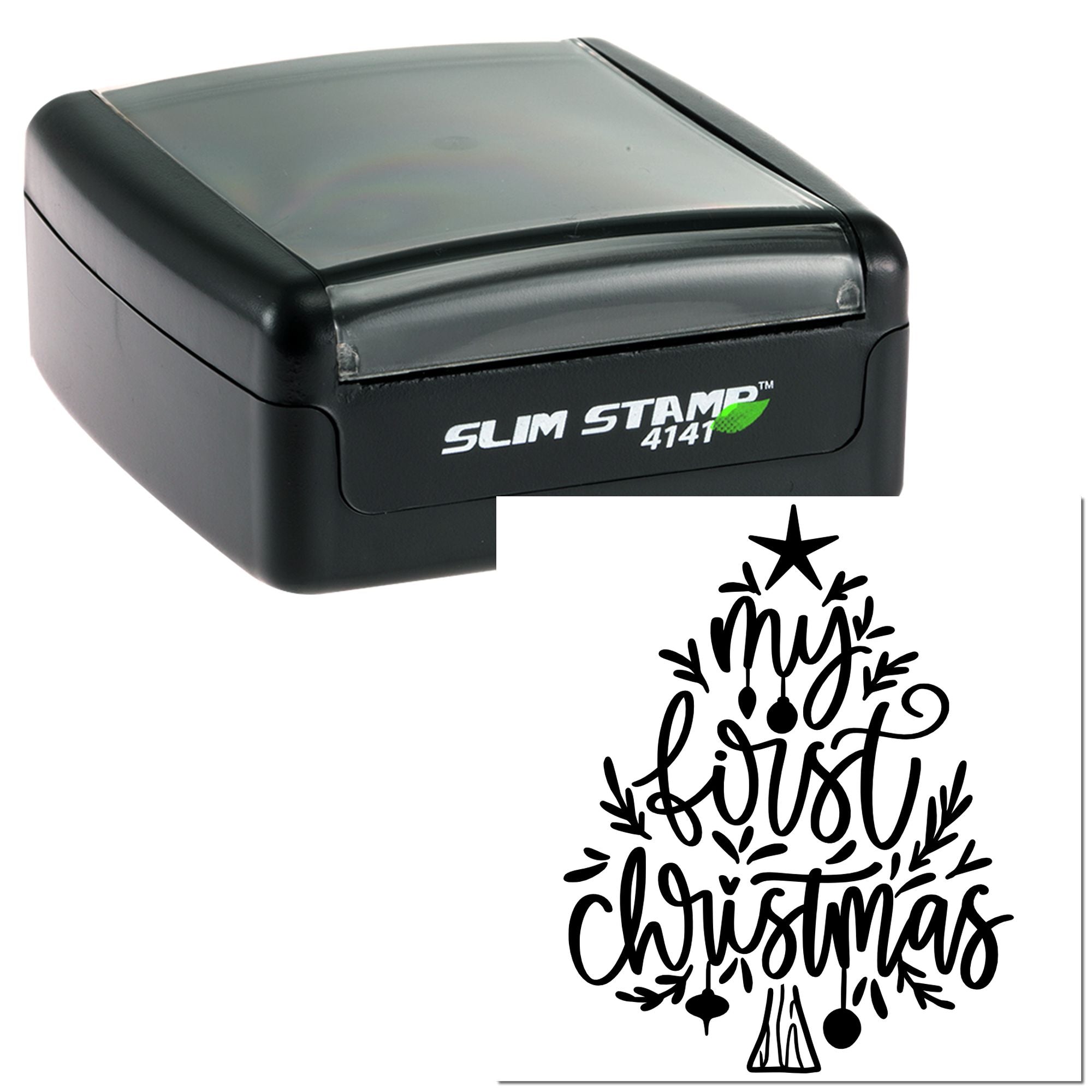 Self-inking rubber stamp with My First Christmas tree design for holiday cards, crafts, and keepsakes.