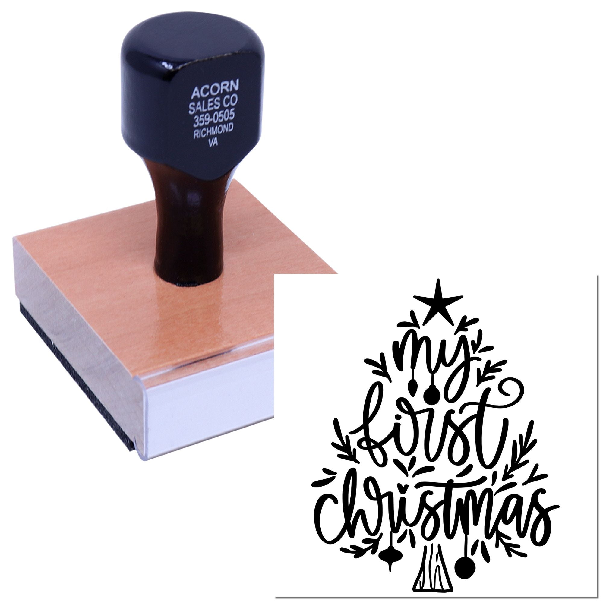 Custom Merry Christmas rubber stamp with festive holiday lettering and ornament design on a wooden stamp block.