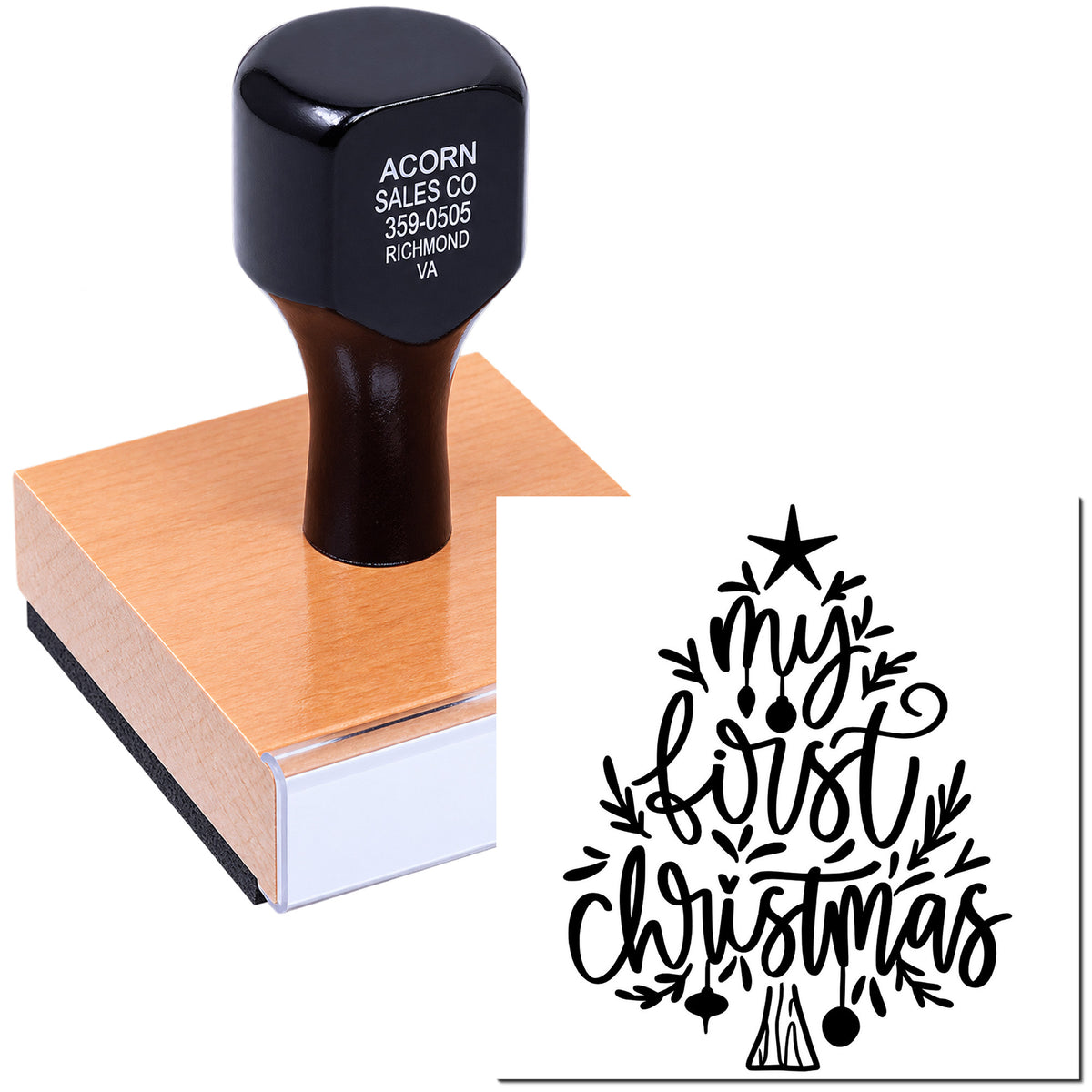 Custom Merry Christmas rubber stamp with festive holiday lettering and ornament design on a wooden stamp block.