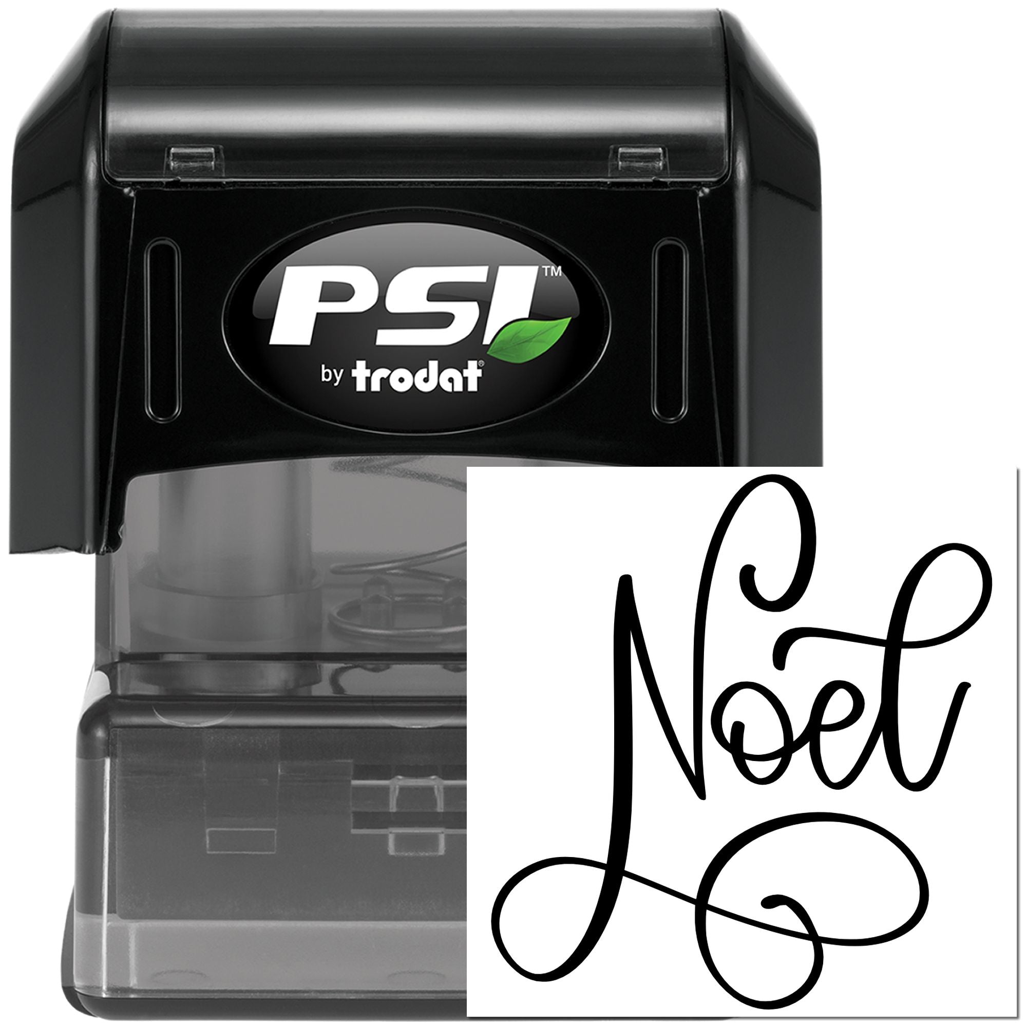 PSI by Trodat black self-inking rubber stamp with Noted imprint for office documents, approvals, and filing.