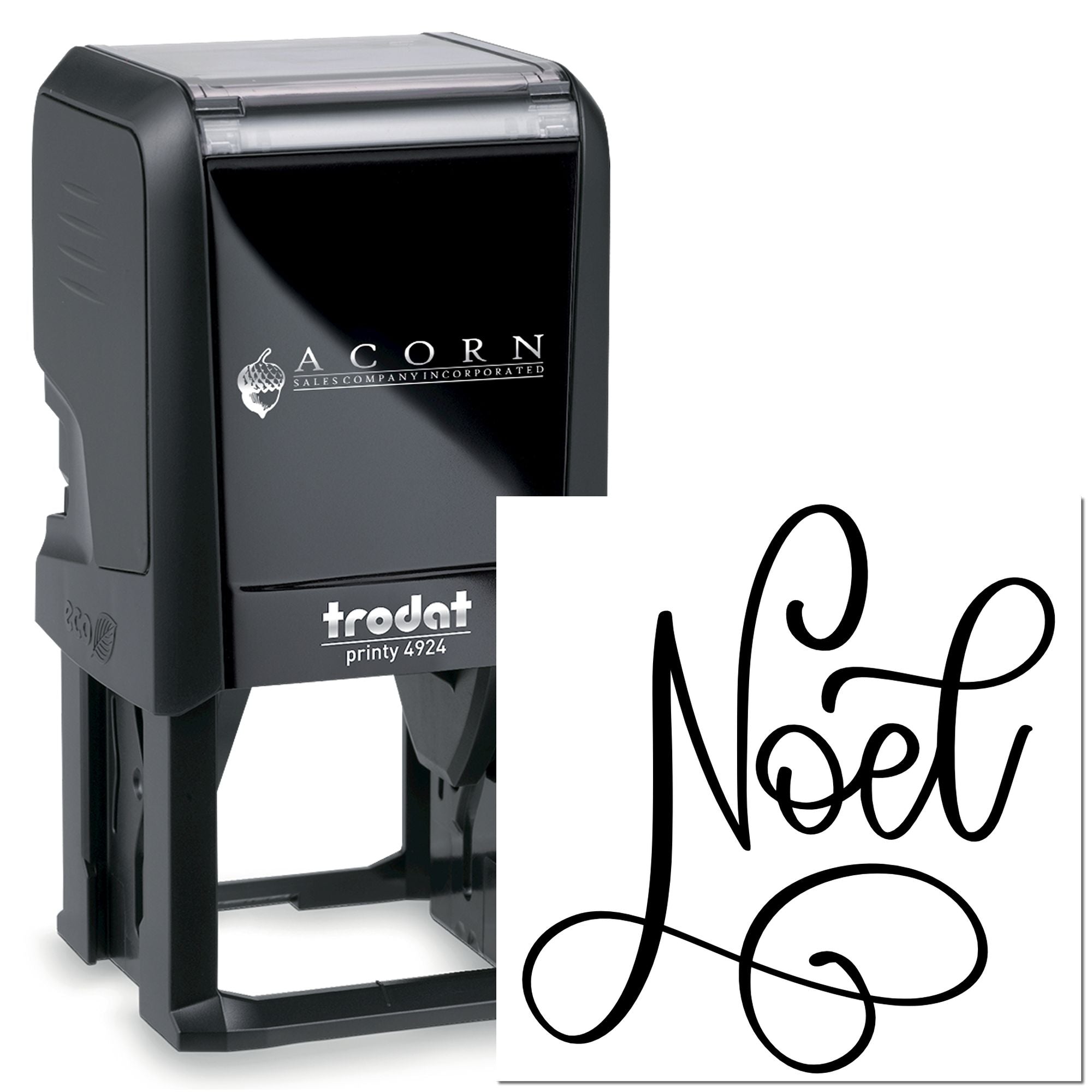 Custom self-inking rubber stamp with cursive Noel imprint, ideal for personalized holiday cards, labels, and gift packaging.