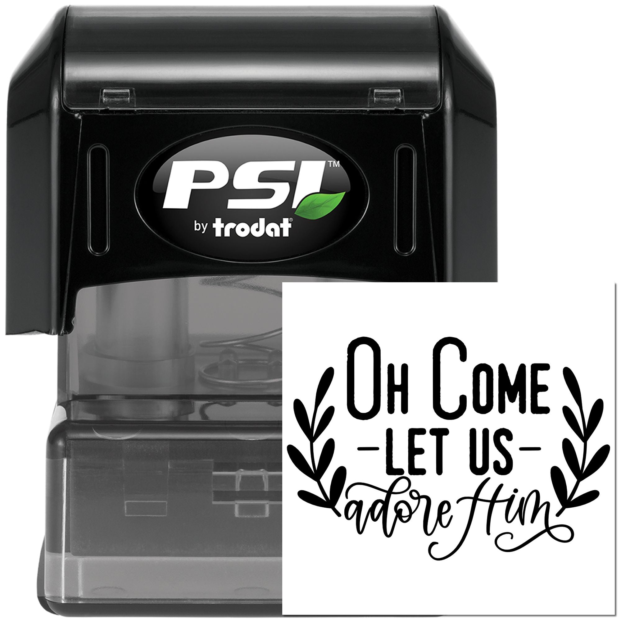 PSI by Trodat self-inking rubber stamp featuring Oh Come Let Us Adore Him for faith-based holiday crafts and cards.