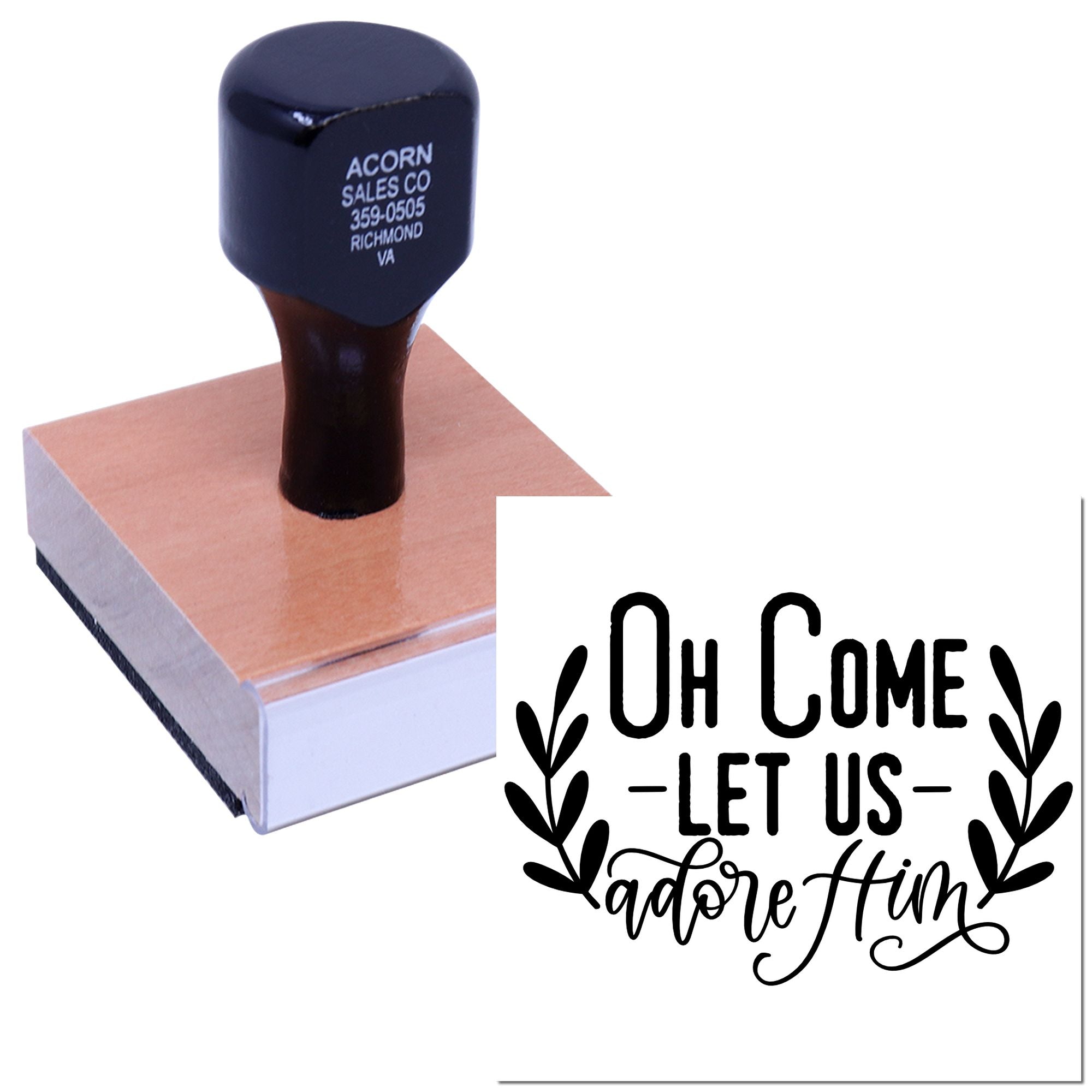 Custom rubber stamp with Oh Come Let Us Adore Him for Christmas cards, gifts, and holiday crafts.