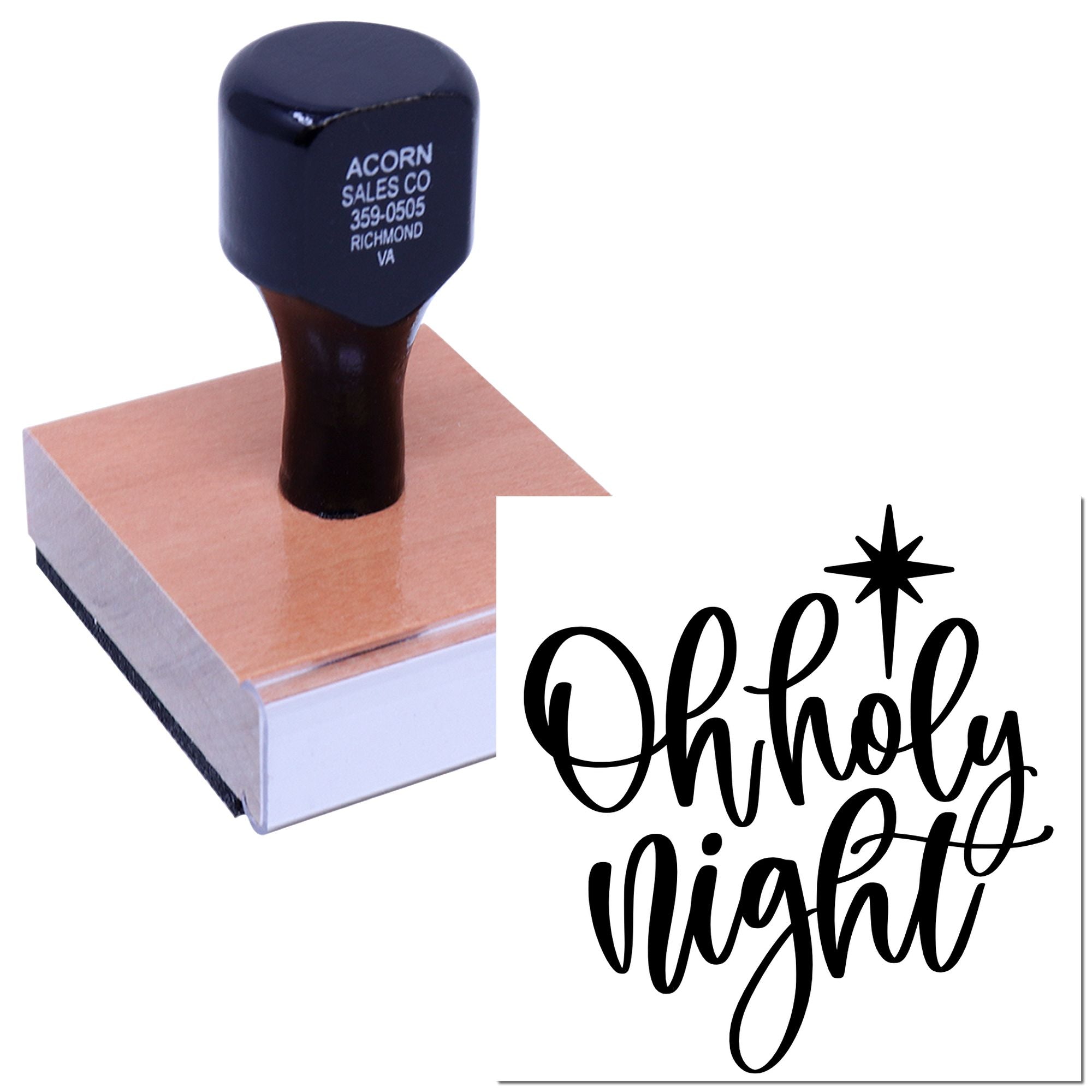Custom holiday rubber stamp with Oh Holy Night design and stamped impression on paper.
