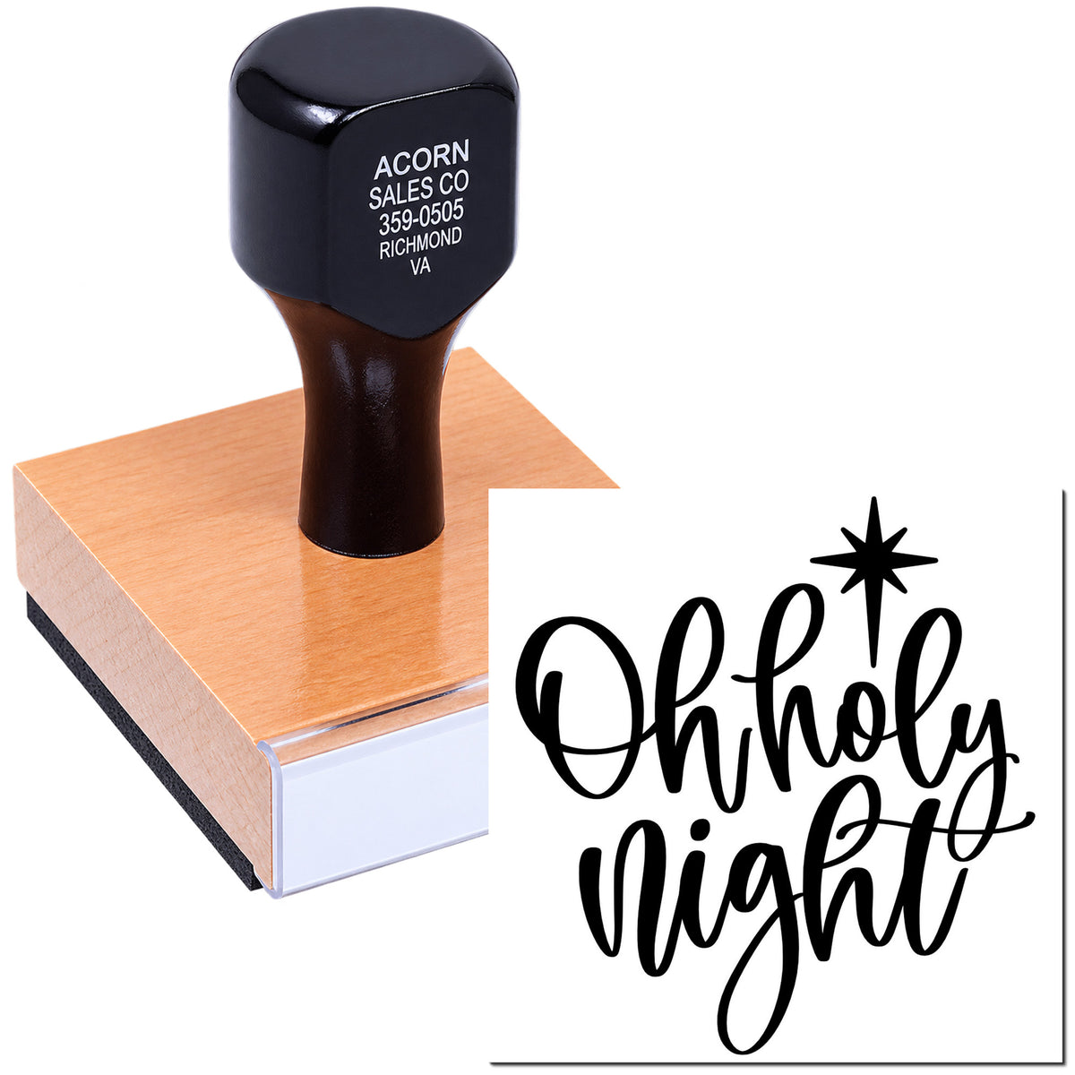 Custom holiday rubber stamp with Oh Holy Night design and stamped impression on paper.