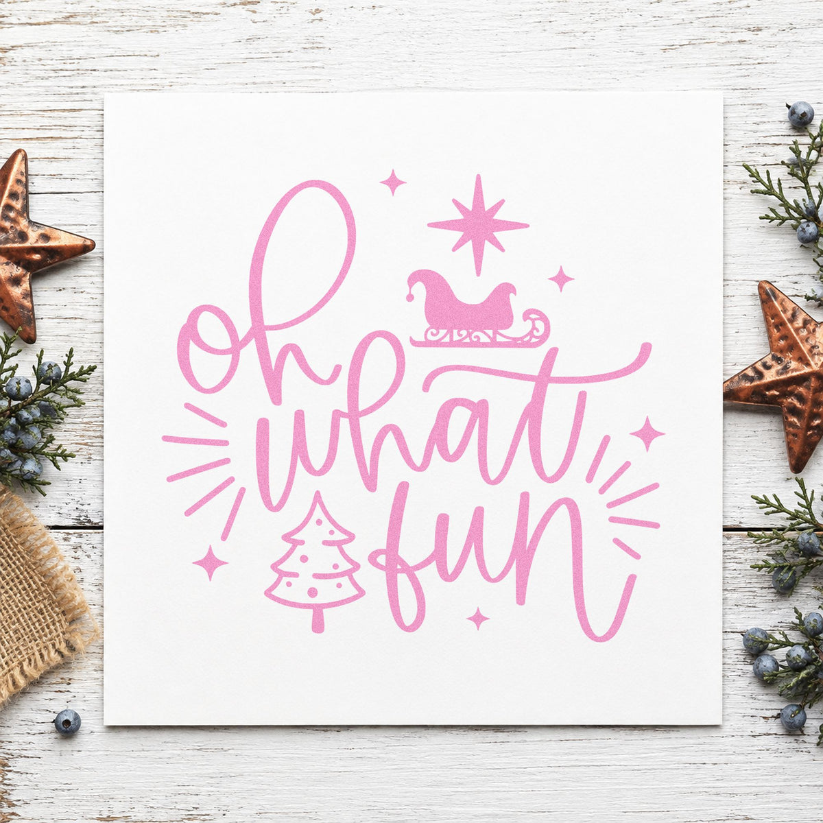 Oh What Fun Sleigh Tree craft stamp in purple ink on cardstock, an easy option for game night album page.