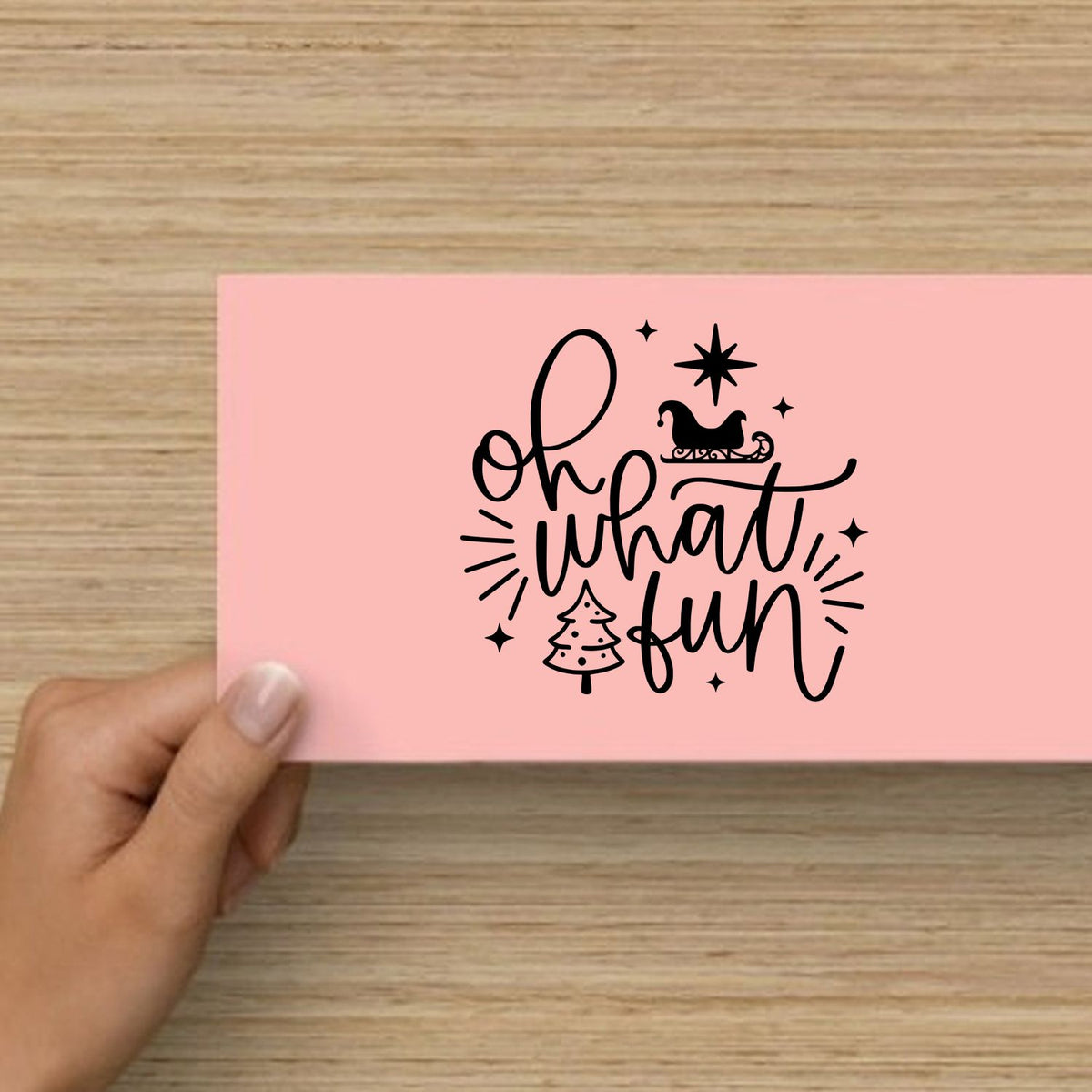Oh What Fun Sleigh Tree Premium Wood-Mounted Stamp - Vintage Pro imprint stamped in blue ink. "Oh What Fun" features Santa's sleigh, a Christmas tree, stars, and accent rays.