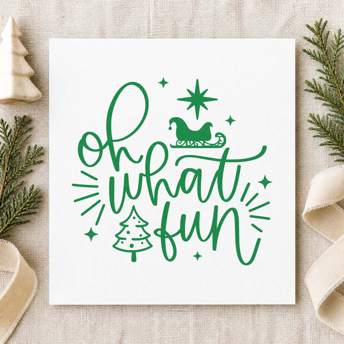 Oh What Fun Sleigh Tree craft stamp imprint in green ink on a handmade project, one idea being prize bag gift tags.