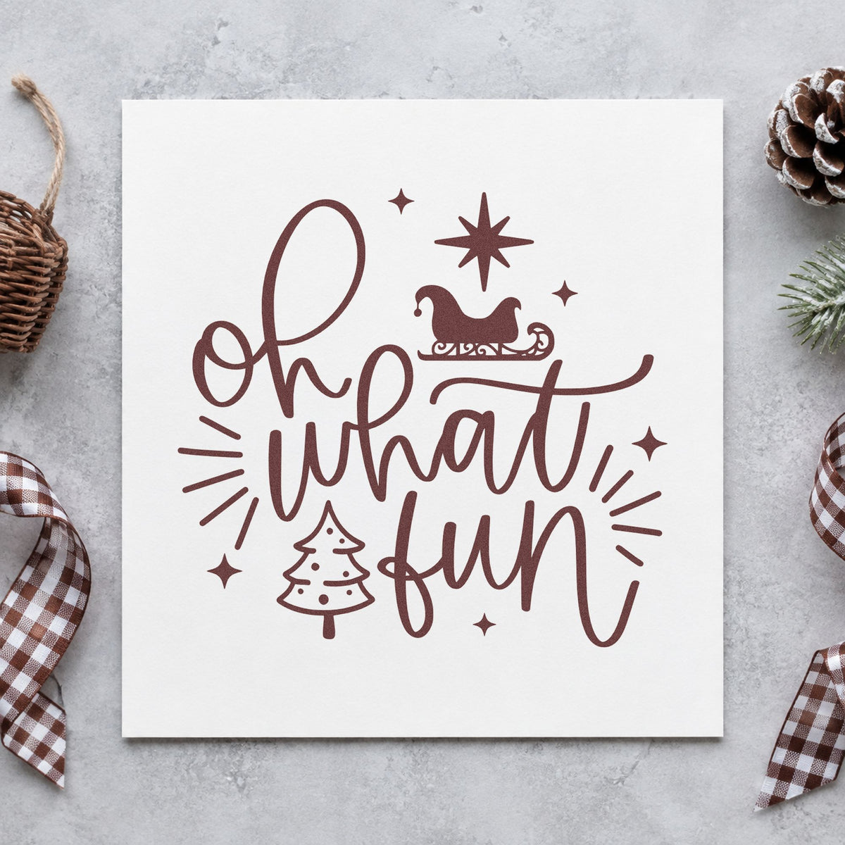Oh What Fun Sleigh Tree rubber stamp printed in brown ink, ready for score tally sheet and similar paper crafts.