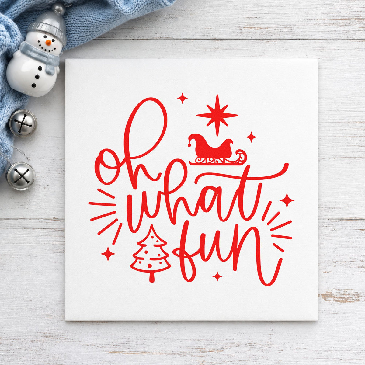 Oh What Fun Sleigh Tree rubber stamp shown in red ink, stamped for projects such as snack tray labels.