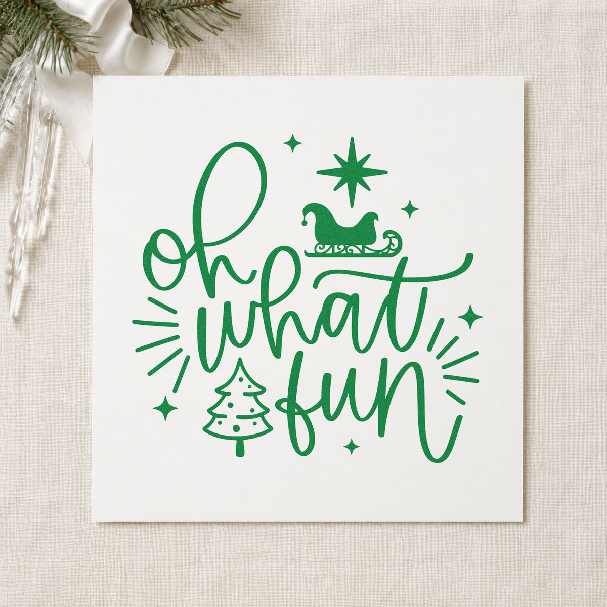 Oh What Fun Sleigh Tree craft stamp imprint in green ink on a handmade project, one idea being tournament brackets.