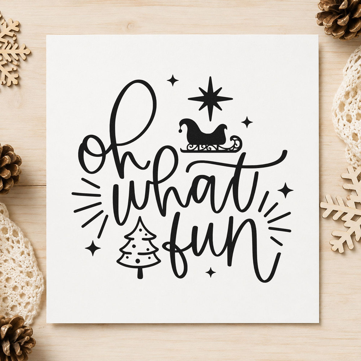 Oh What Fun Sleigh Tree rubber stamp printed in black ink, ready for oh what fun cards and similar paper crafts.