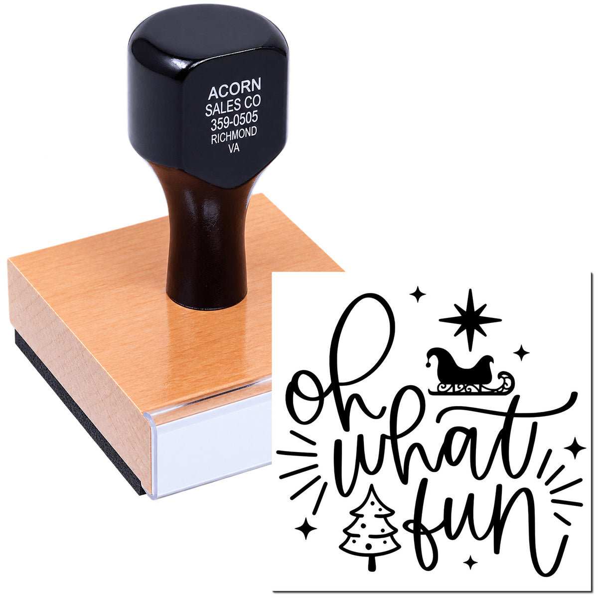 Custom holiday rubber stamp with Oh What Fun design for festive cards, gift tags, and seasonal crafts.