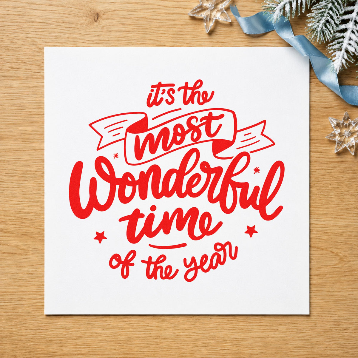 Most Wonderful Time Of Year rubber stamp shown in red ink, stamped for projects such as report folder labels.